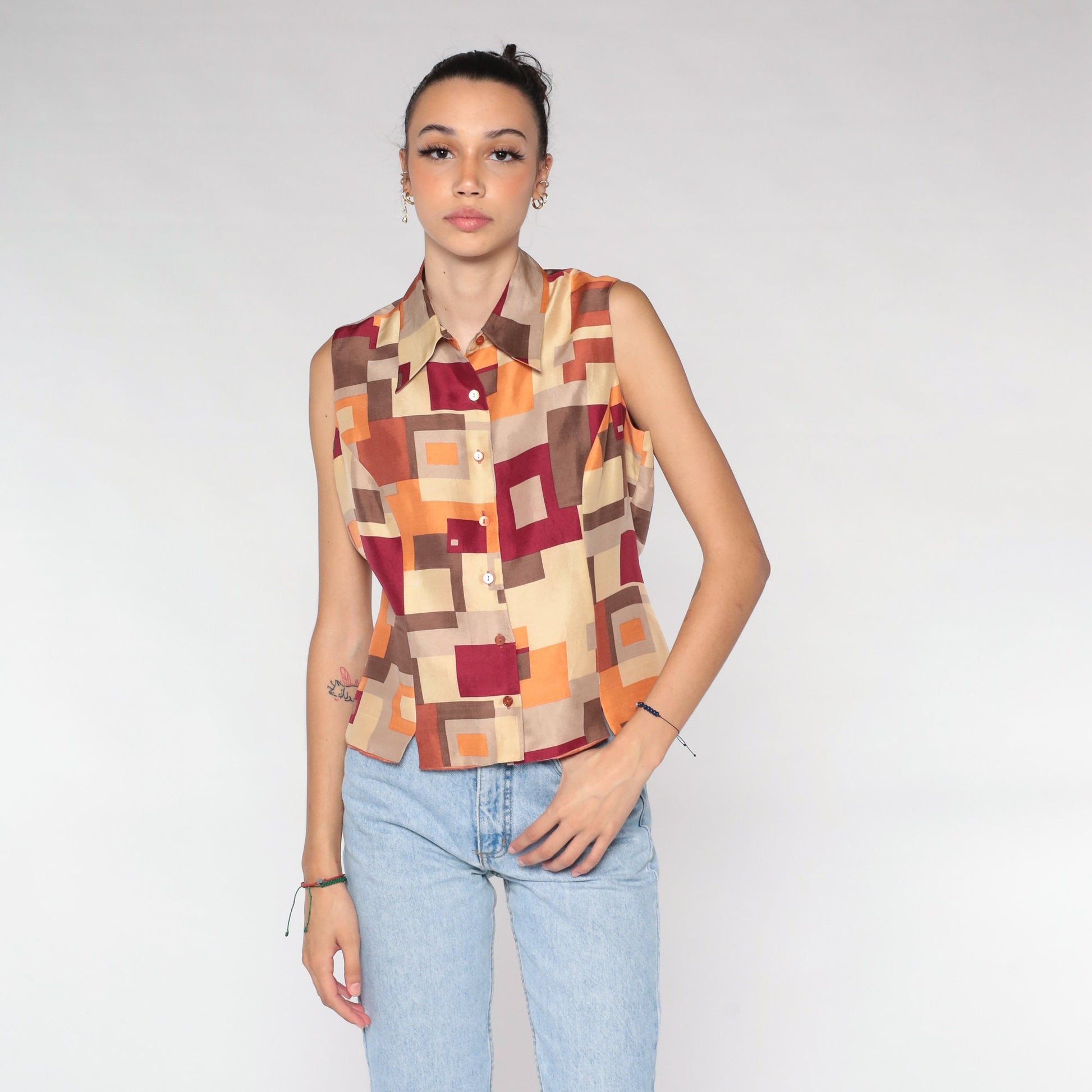 Y2K Silk Tank Top Geometric Square Print Brown Orange Medium M