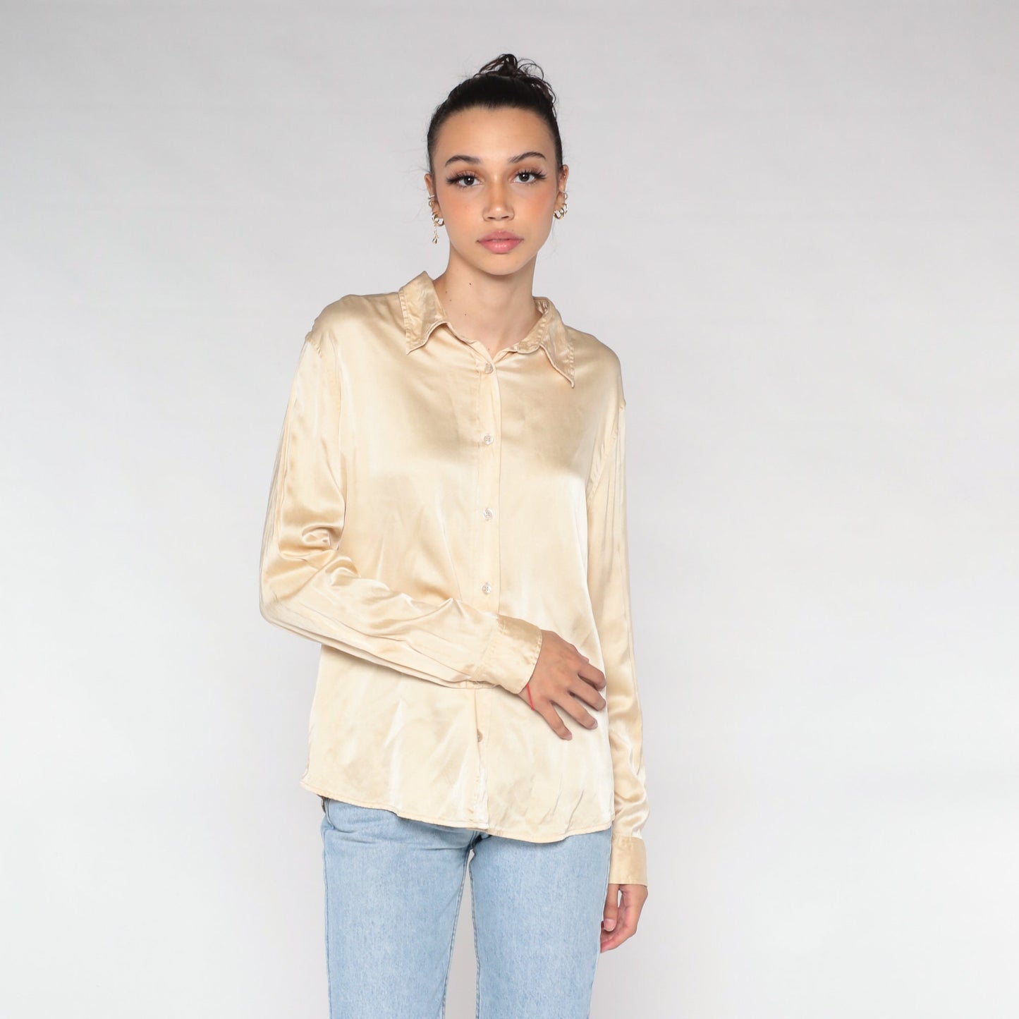 00s Gap Champagne Silk Button-Up Blouse Long Sleeve Collared Shirt Large L