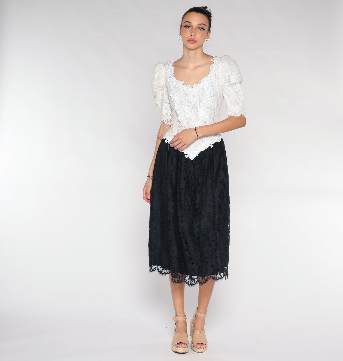 80s Black White Lace Midi Dress Puff Sleeve Basque Waist Small