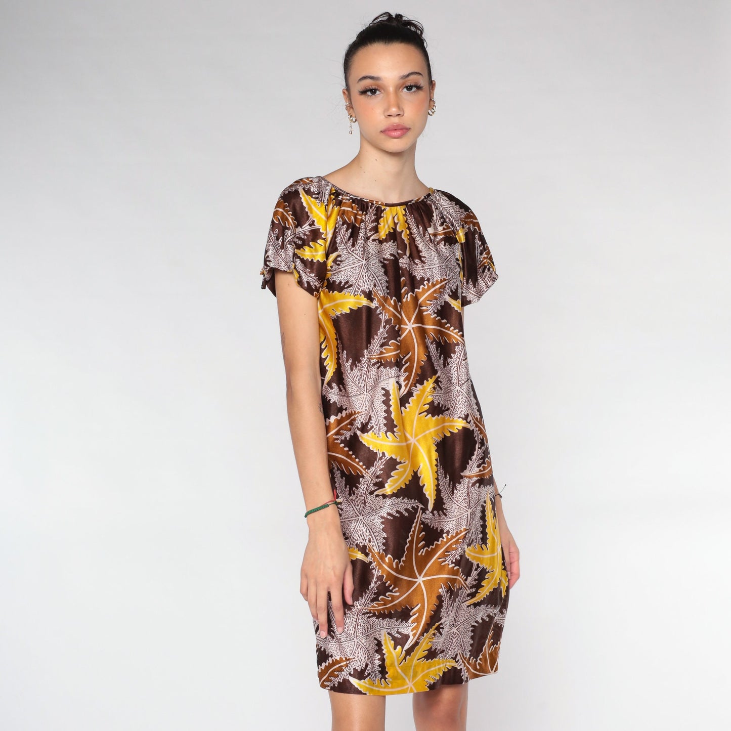 70s Leaf Print Mini Dress Brown Tent Cut Short Sleeve Small