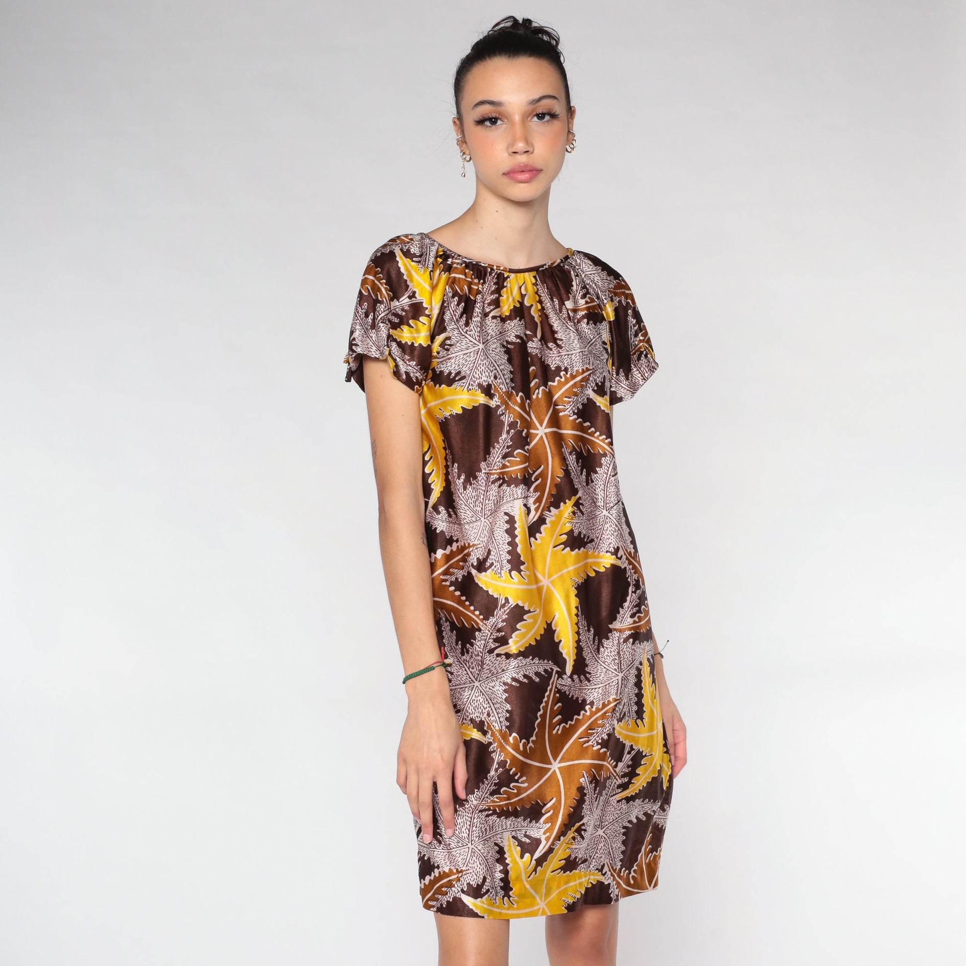 70s Leaf Print Mini Dress Brown Tent Cut Short Sleeve Small
