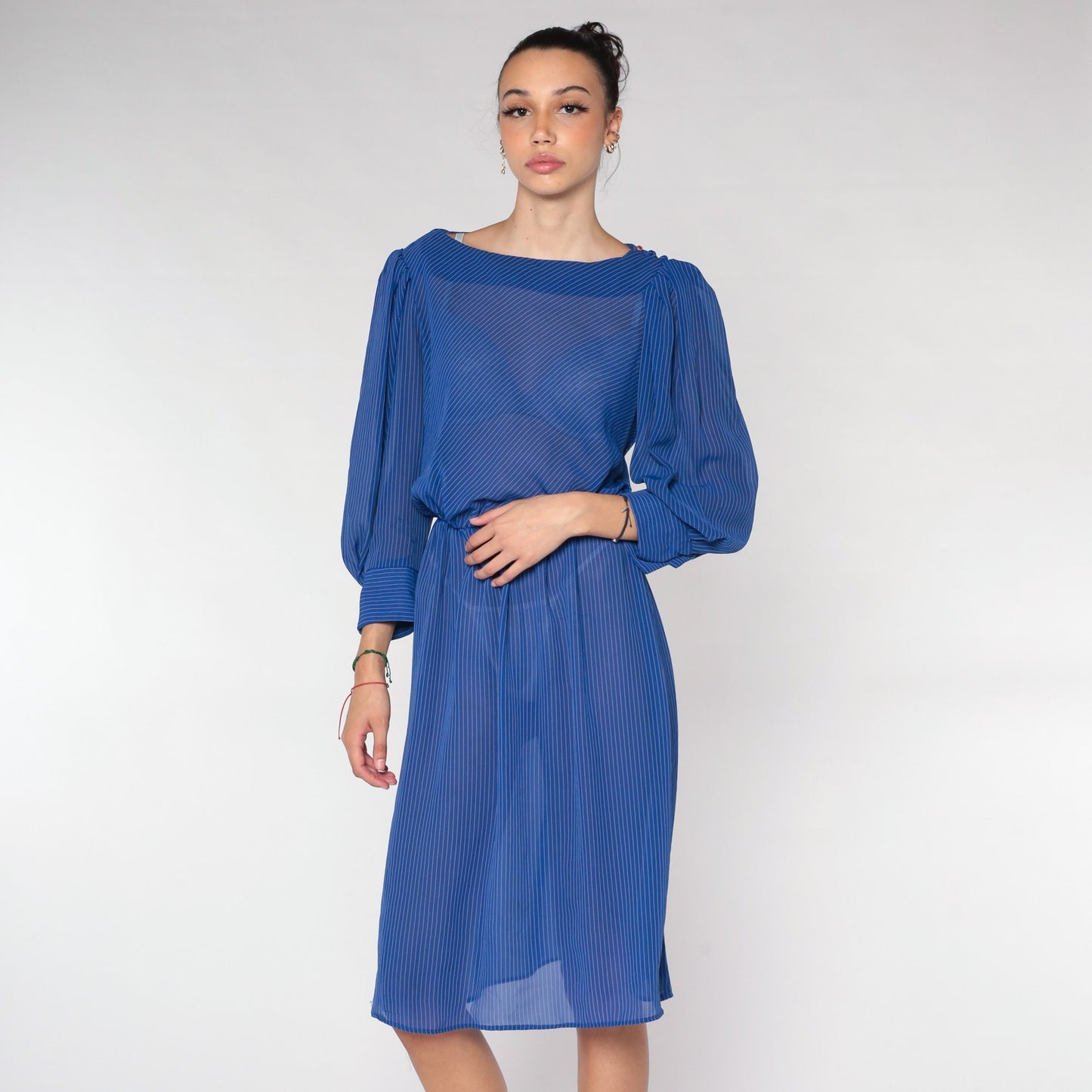 70s Striped Midi Dress Blue Sheer Puff Sleeve High Waist Small Medium