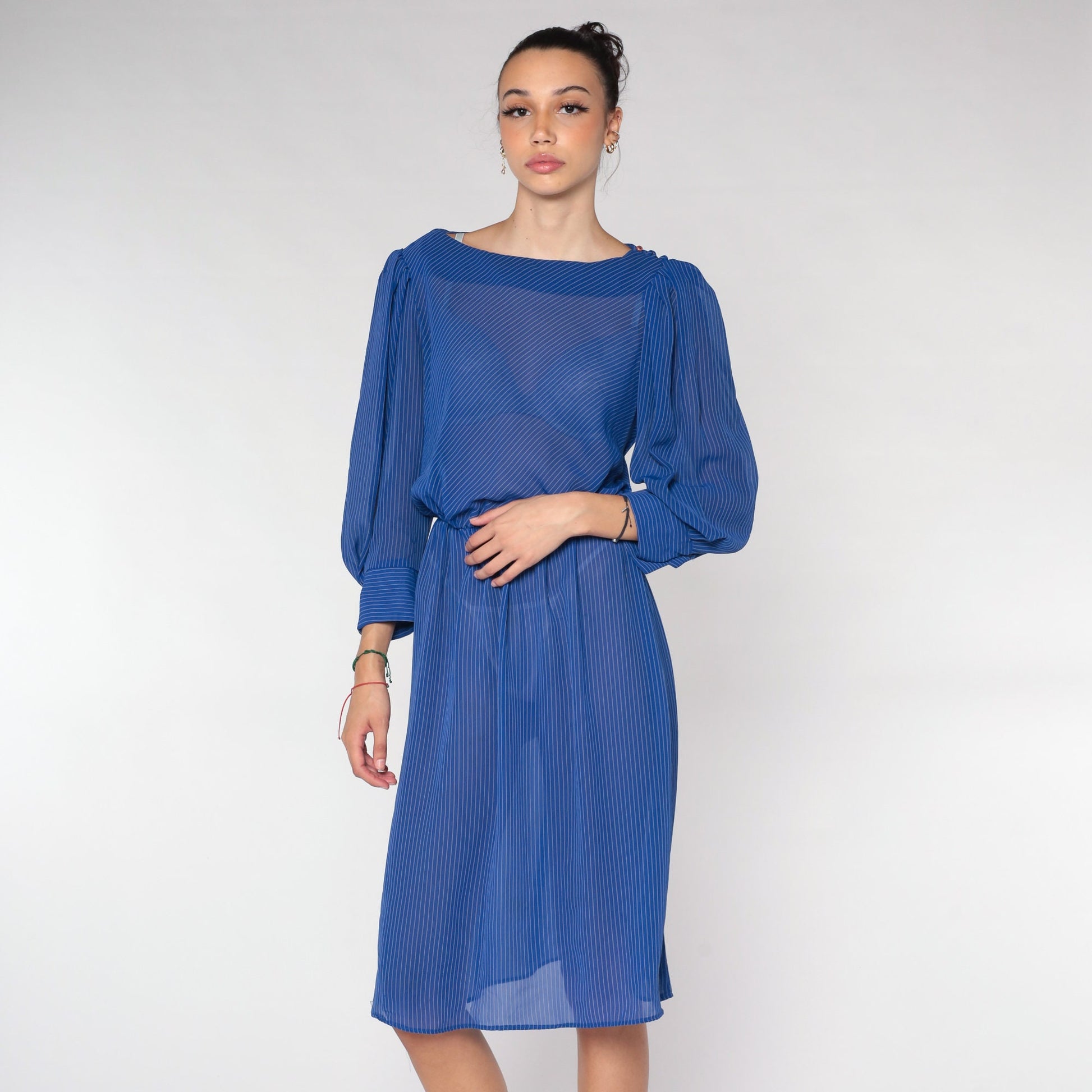 70s Striped Midi Dress Blue Sheer Puff Sleeve High Waist Small Medium