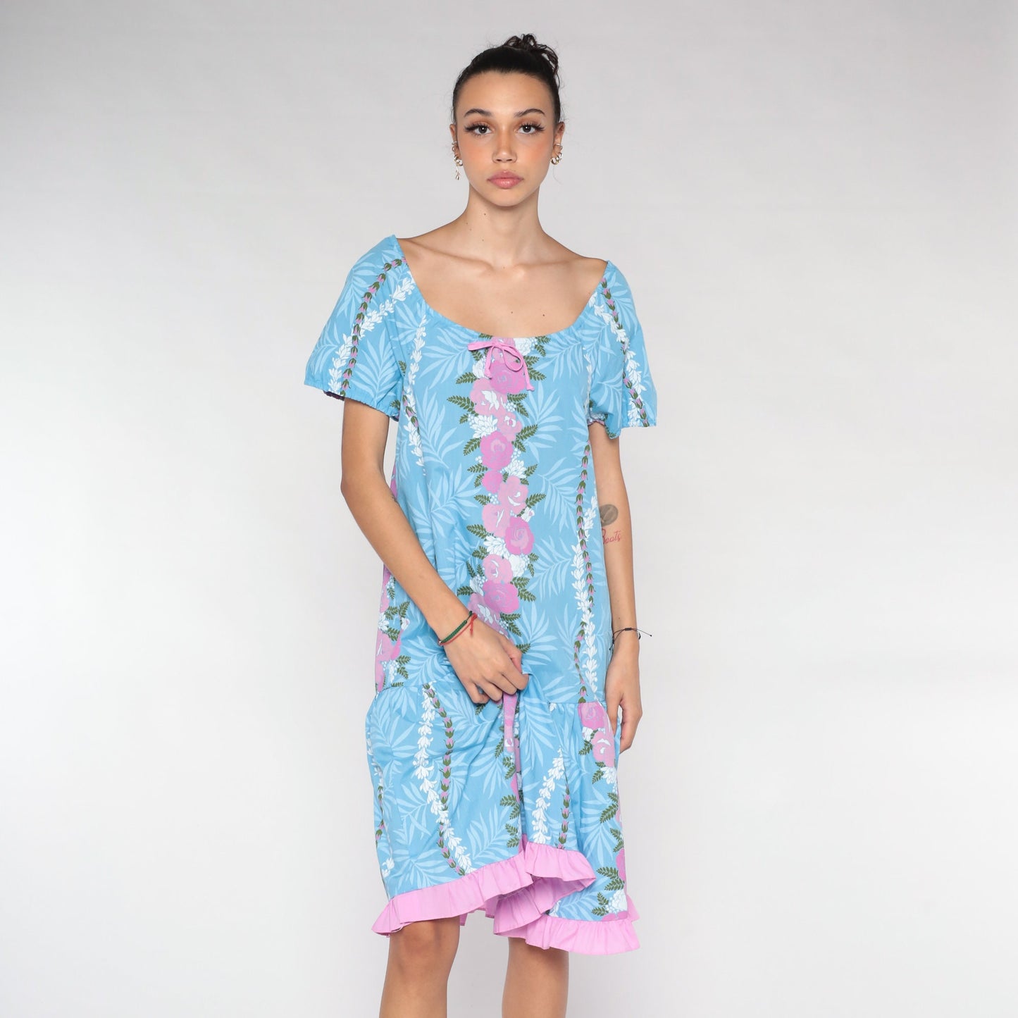 90s Blue Floral Midi Dress Pink Flower Fern Print Tent Cut Short Sleeve Extra Small