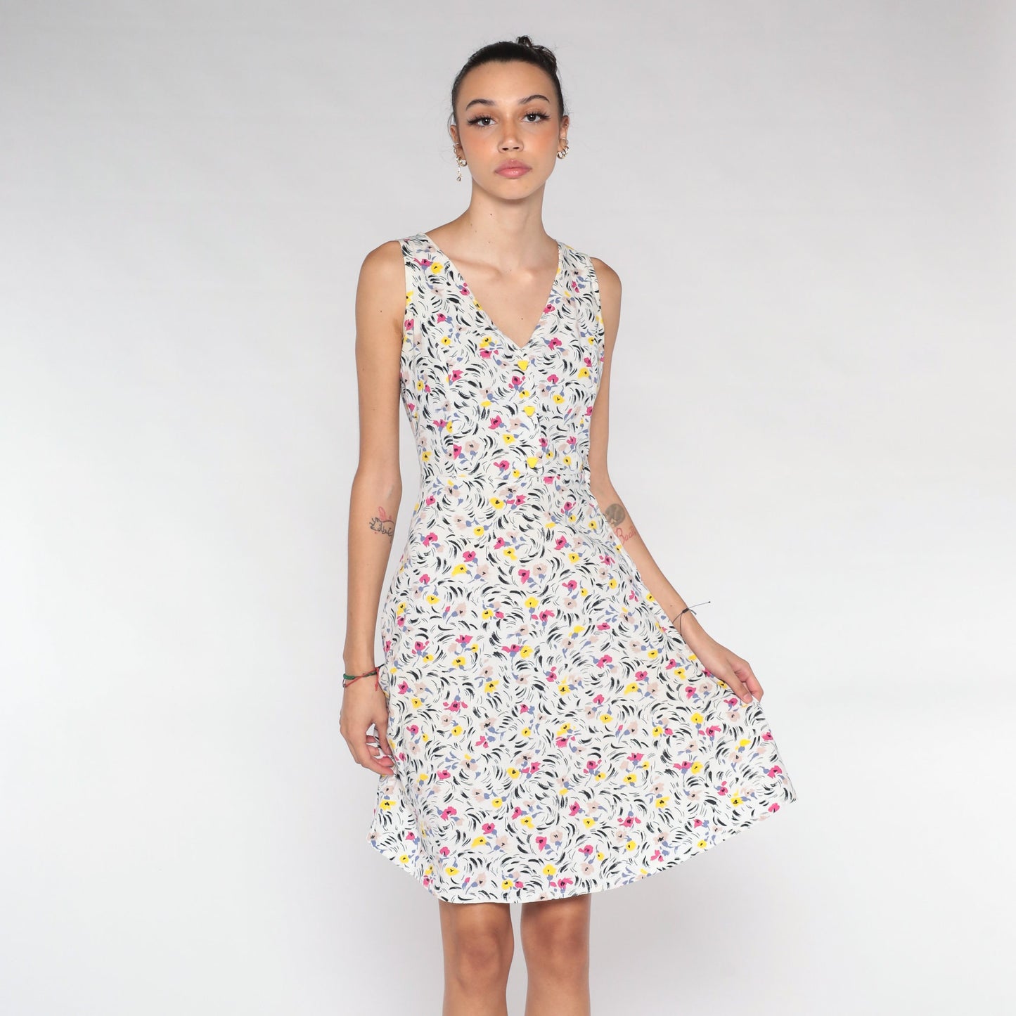 70s White Floral Mini Dress Sleeveless Button-Up A-Line V-Neck Extra Small