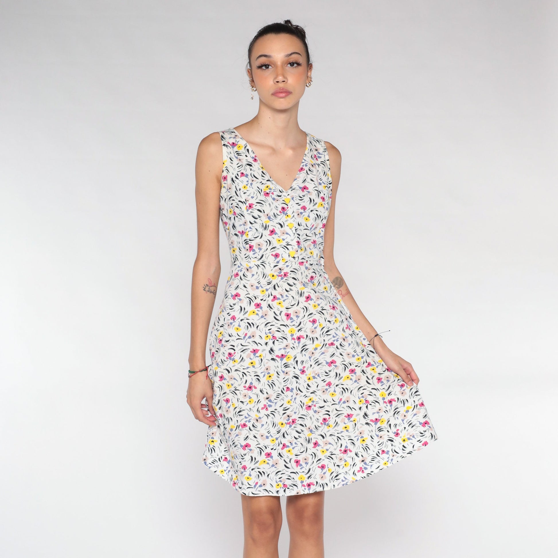 70s White Floral Mini Dress Sleeveless Button-Up A-Line V-Neck Extra Small