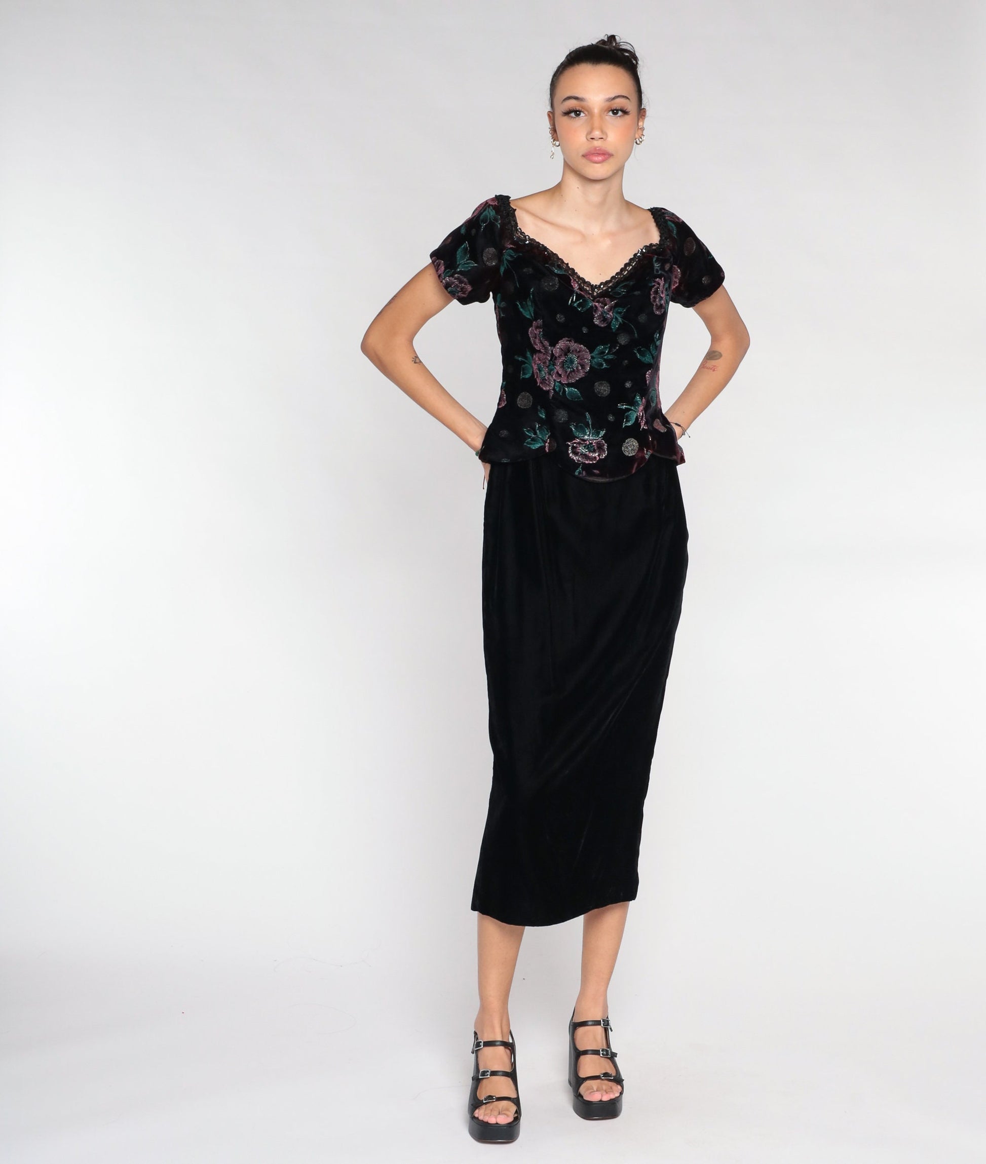 90s Scott McClintock Velvet Midi Dress Floral Bodice Wine Black Small S