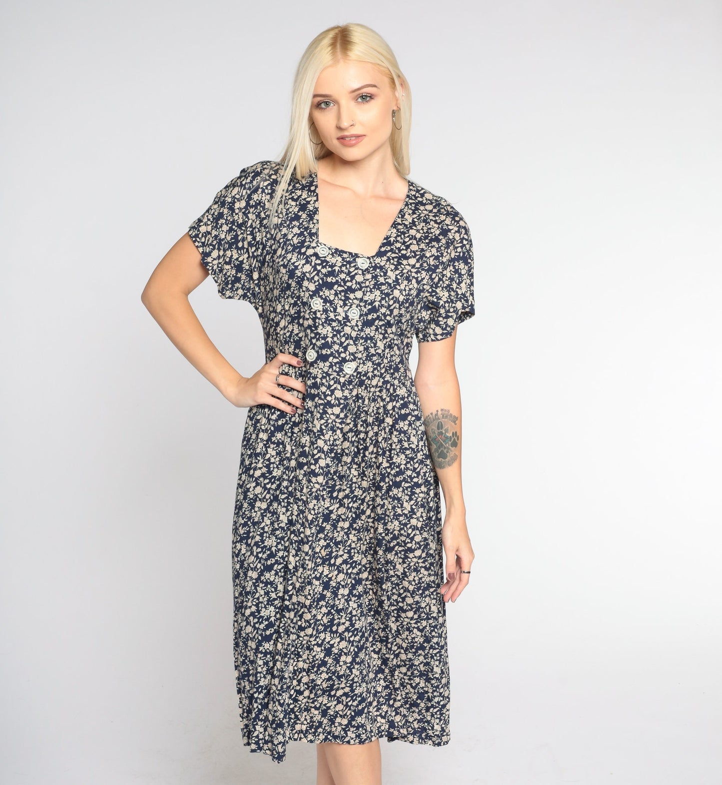 90s All That Jazz Navy Floral Midi Dress Double Breasted High Waist Small