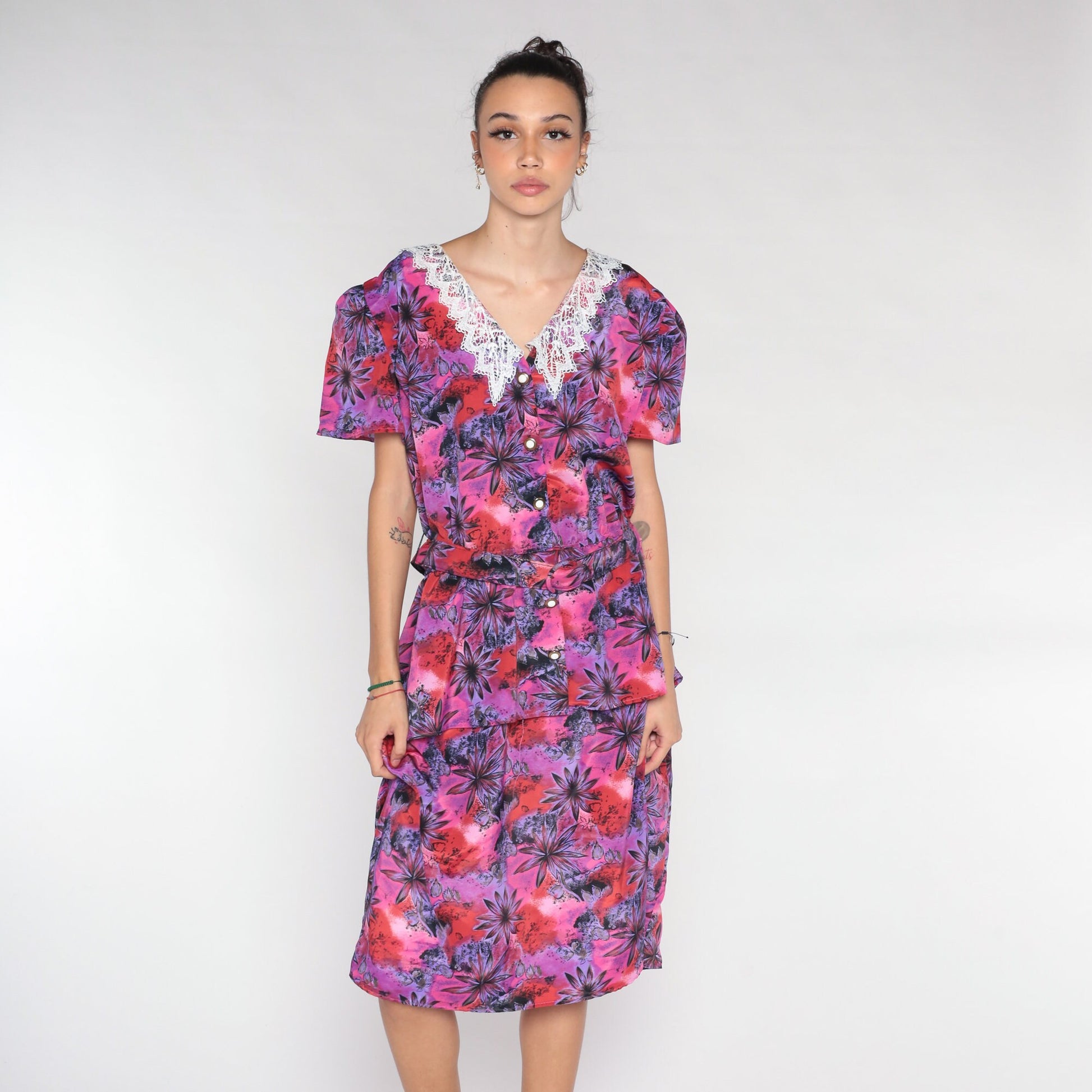 80s Floral Midi Dress Pink Purple Lace Collar Peplum Button-Up Medium