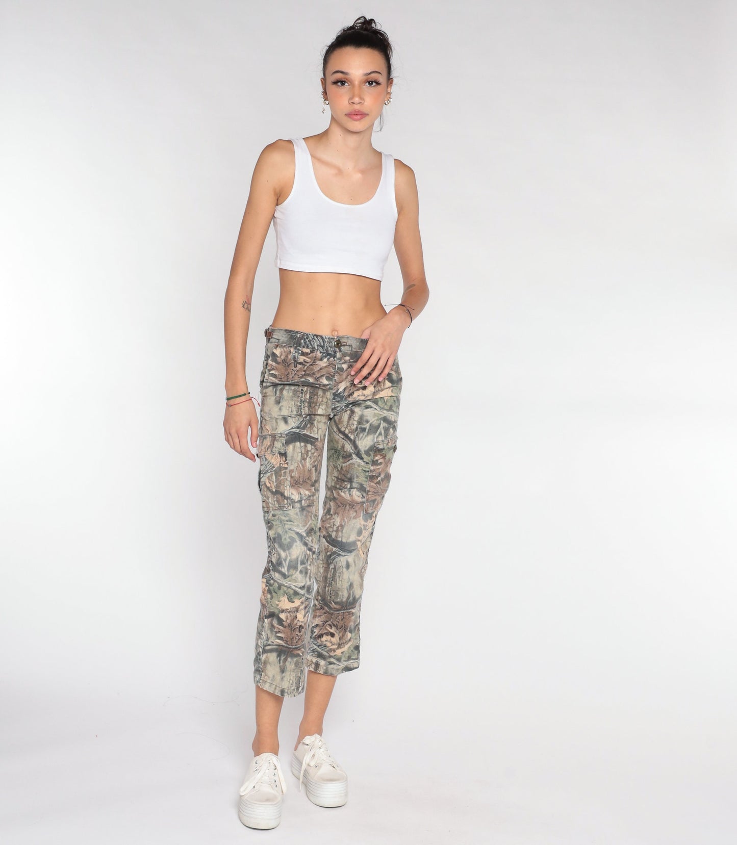 90s Camo Leaf Print Cropped Trousers Skinny Ankle Brown Extra Small