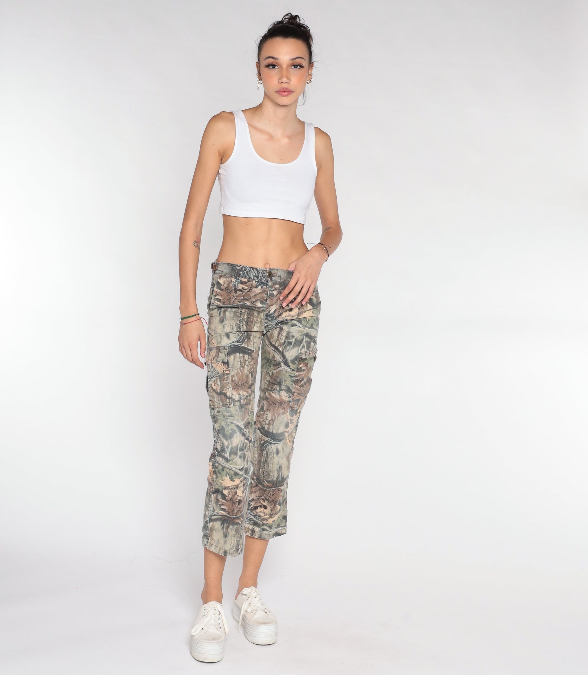 90s Camo Leaf Print Cropped Trousers Skinny Ankle Brown Extra Small