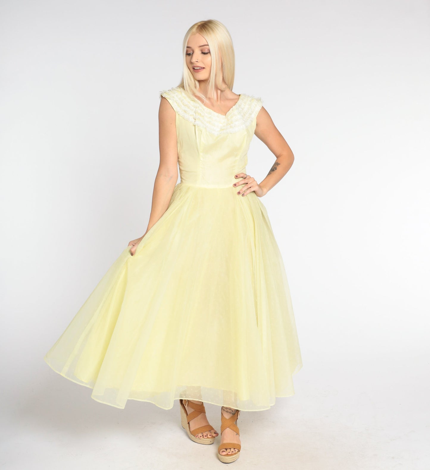 60s Yellow Chiffon Maxi Dress Lace Trim High Waist Full Skirt Extra Small