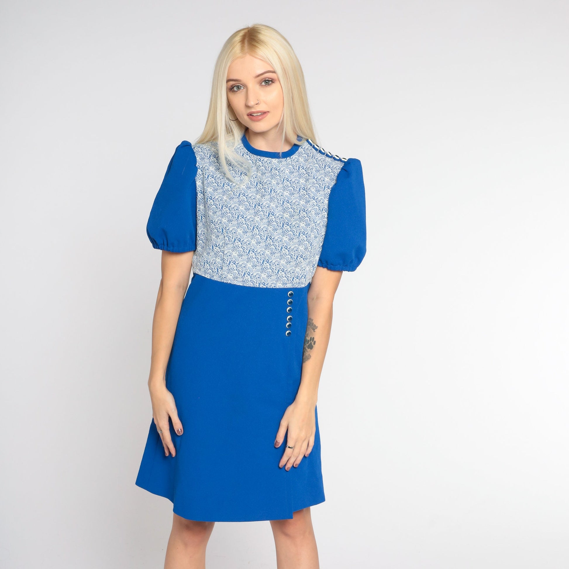 70s Blue Babydoll Dress Puff Sleeve Mini Lace Overlay High Waist Small