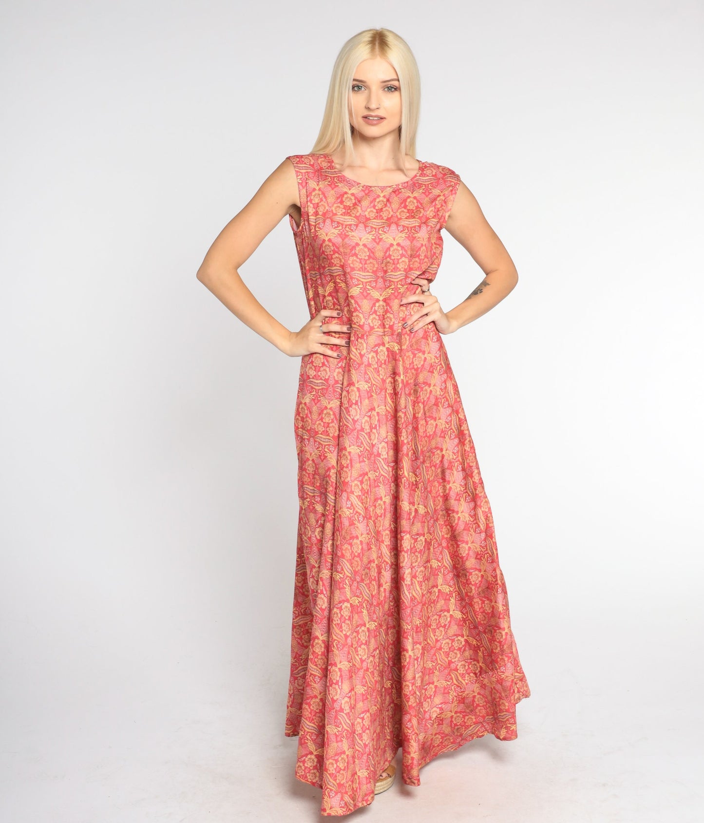 00s Red Gold Floral Maxi Dress Sleeveless High Waist Flared Skirt Medium