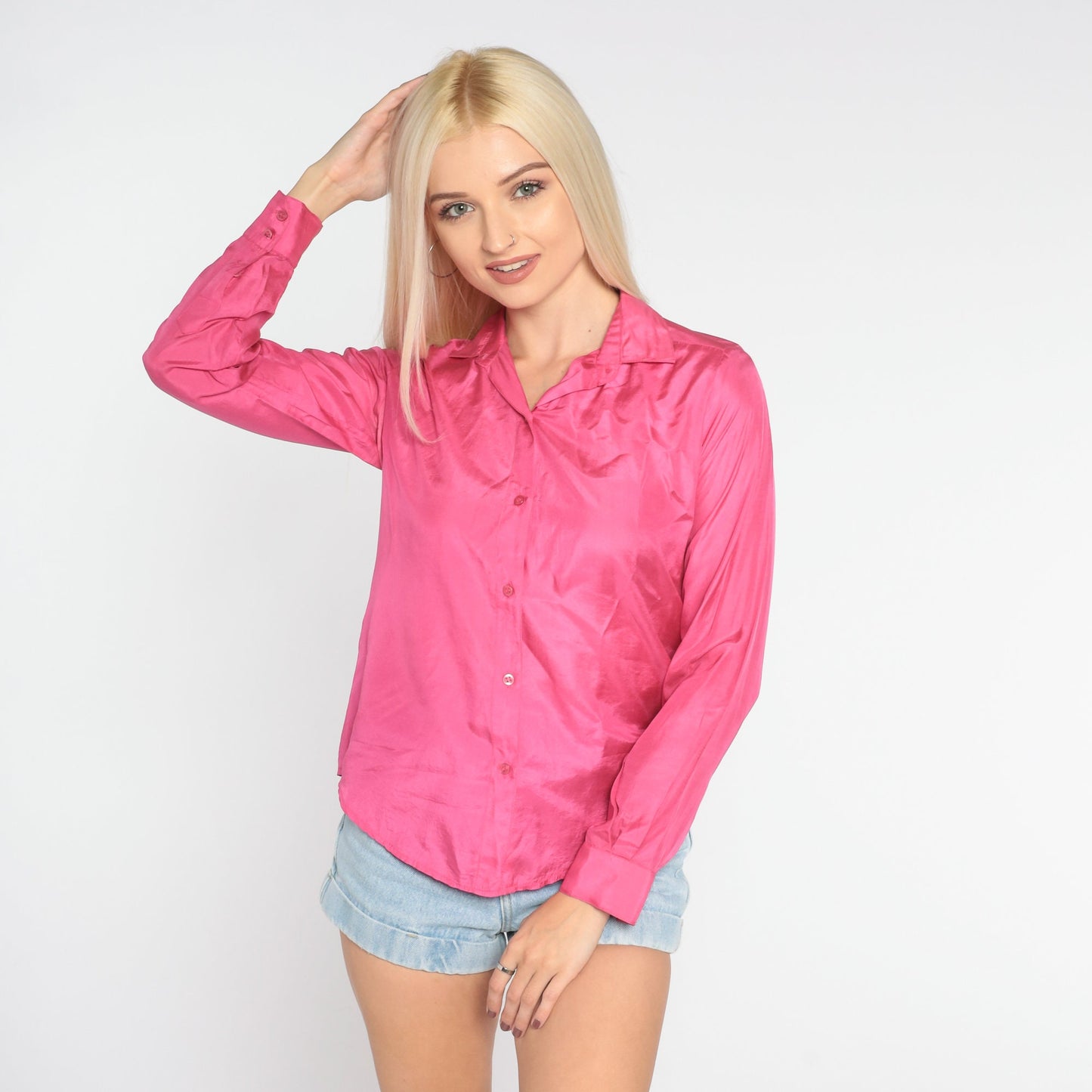 80s Pink Silk Button-Up Blouse Collared Long Sleeve Small