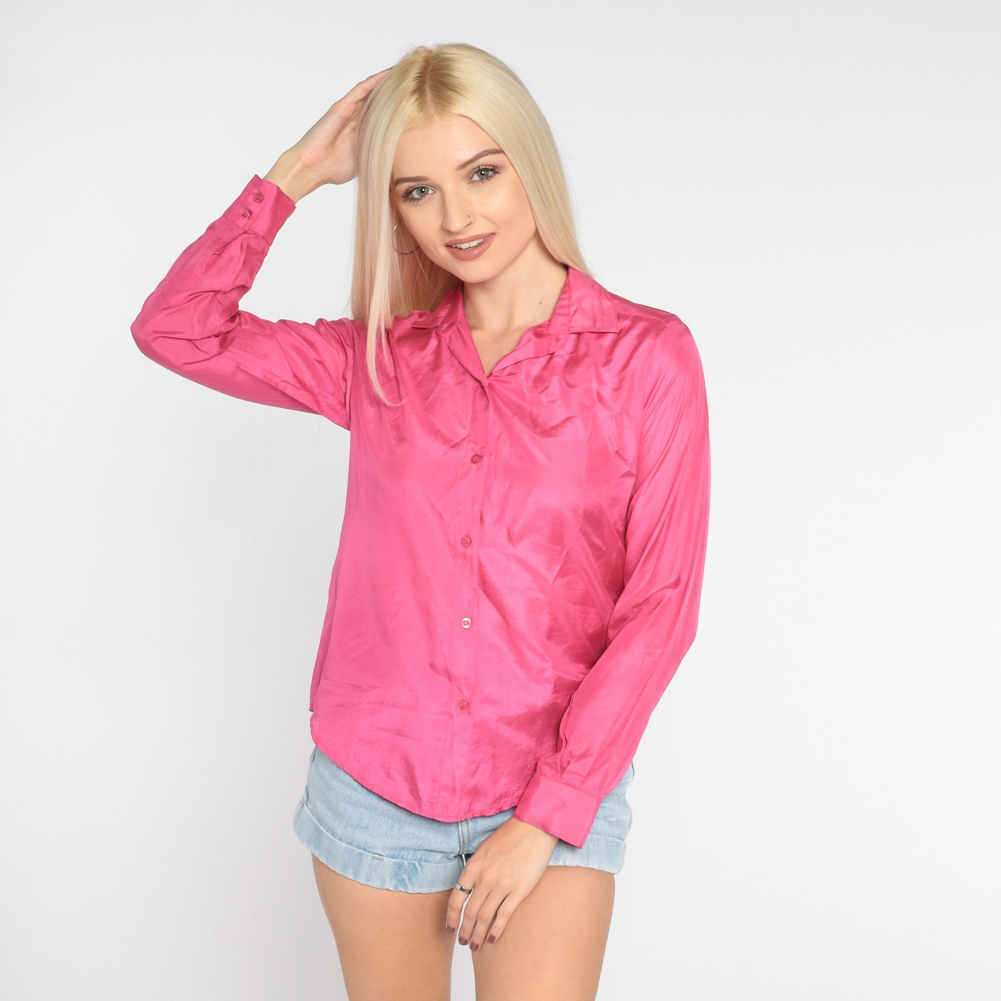 80s Pink Silk Button-Up Blouse Collared Long Sleeve Small