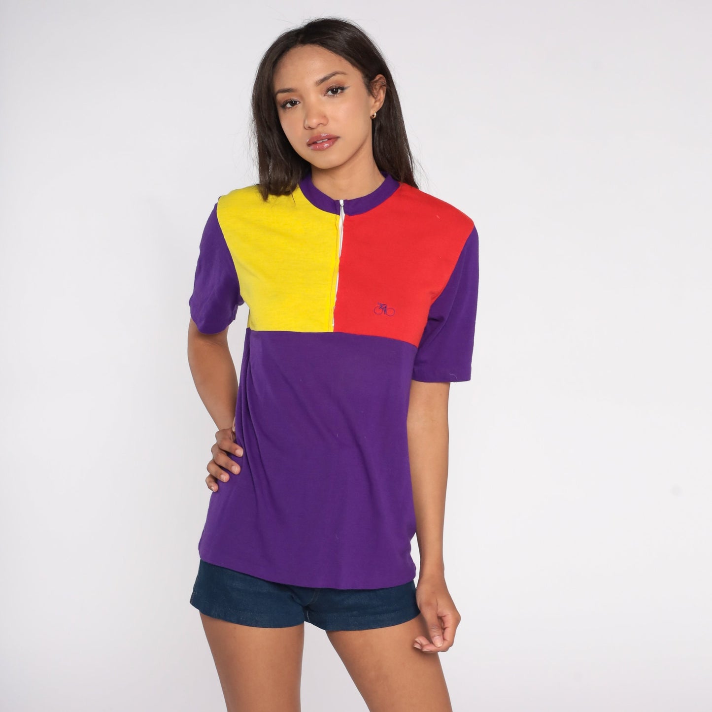 70s Cycle Mates Cycling Jersey Purple Red Yellow Color Block Quarter Zip Medium