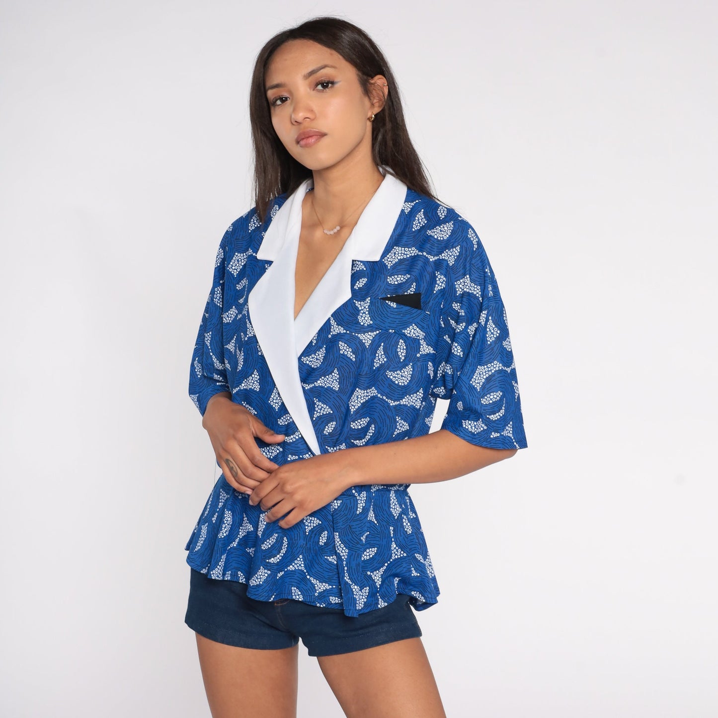 80s Blue Abstract Dot Wave Blouse Contrast Collar Peplum Wrap Shirt Large