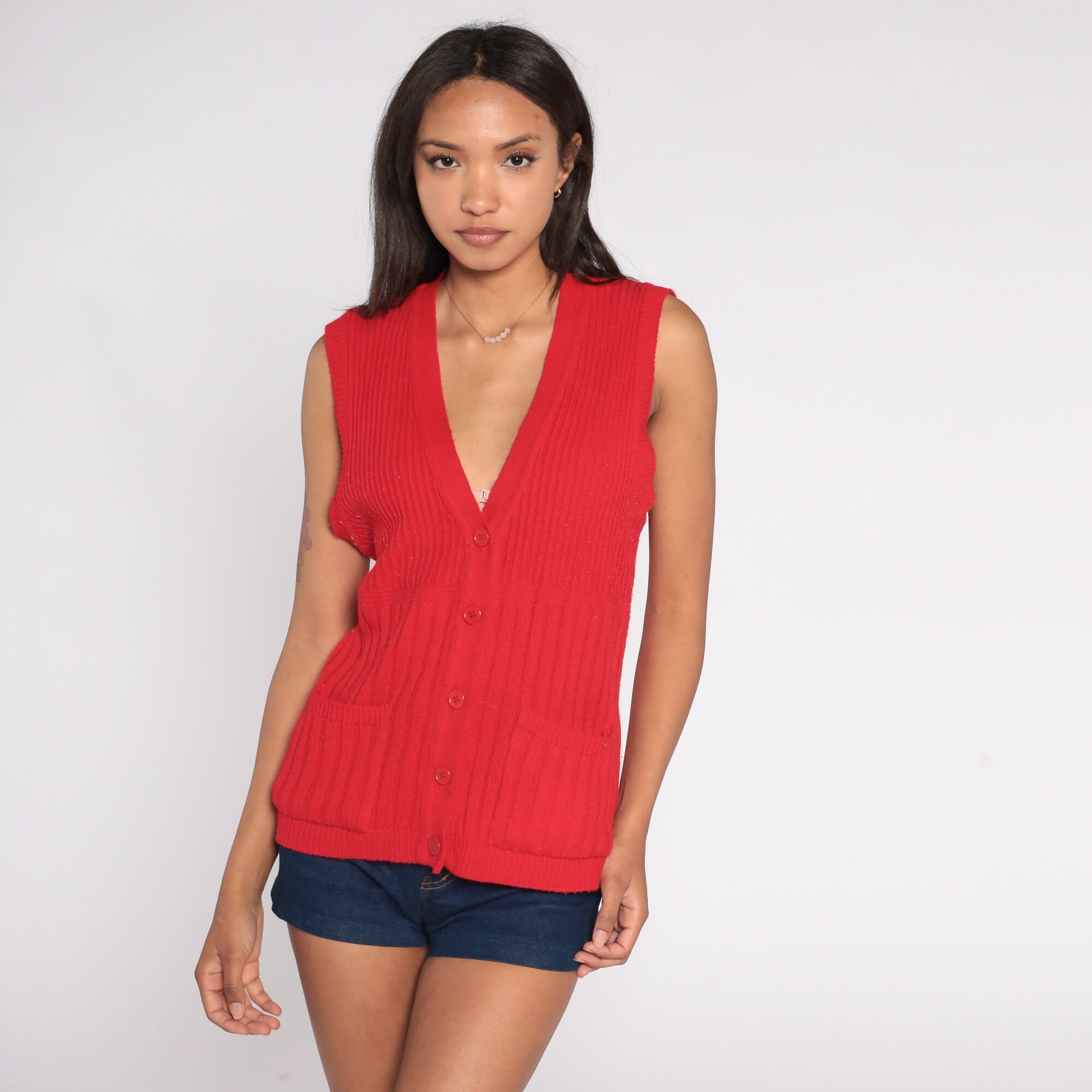 80s Red Ribbed Knit Sweater Vest Button-Up V-Neck Sleeveless Large L