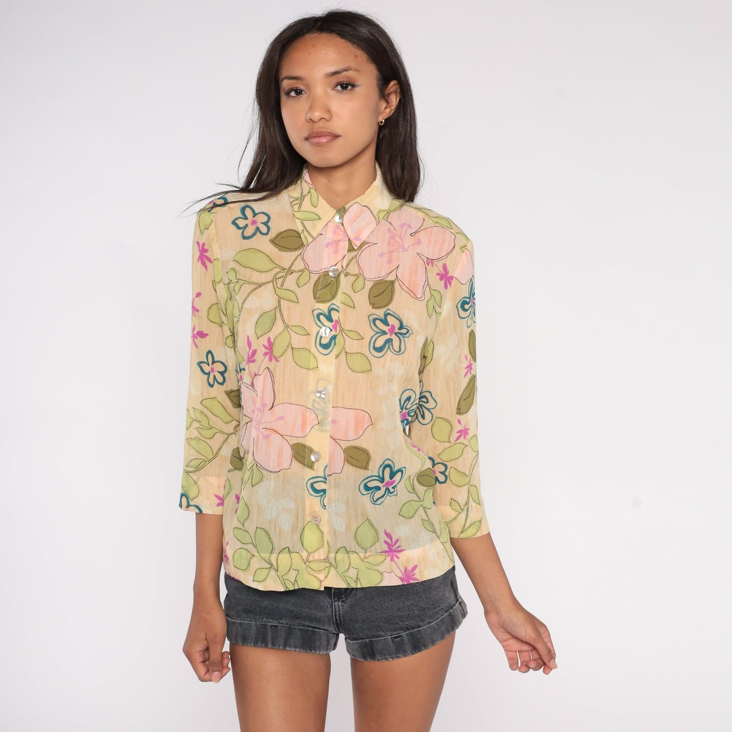 Y2K Floral Button-Up Blouse Semi Sheer Beige Long Sleeve Collared Medium
