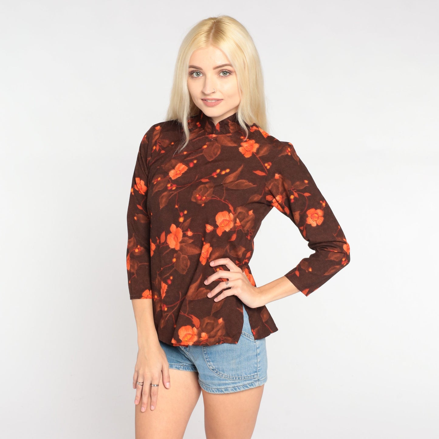 90s Floral Blouse Brown Orange Mandarin Collar 3/4 Sleeve Shirt Extra Small