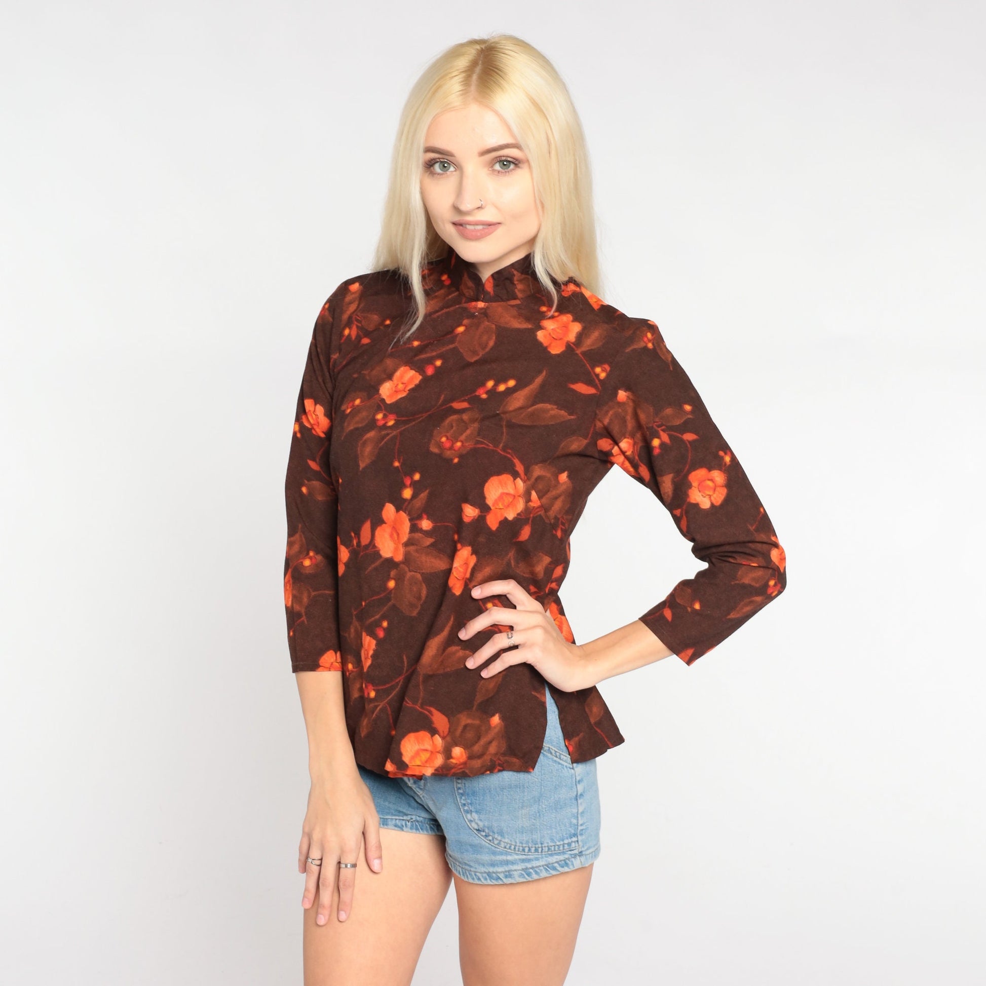 90s Floral Blouse Brown Orange Mandarin Collar 3/4 Sleeve Shirt Extra Small