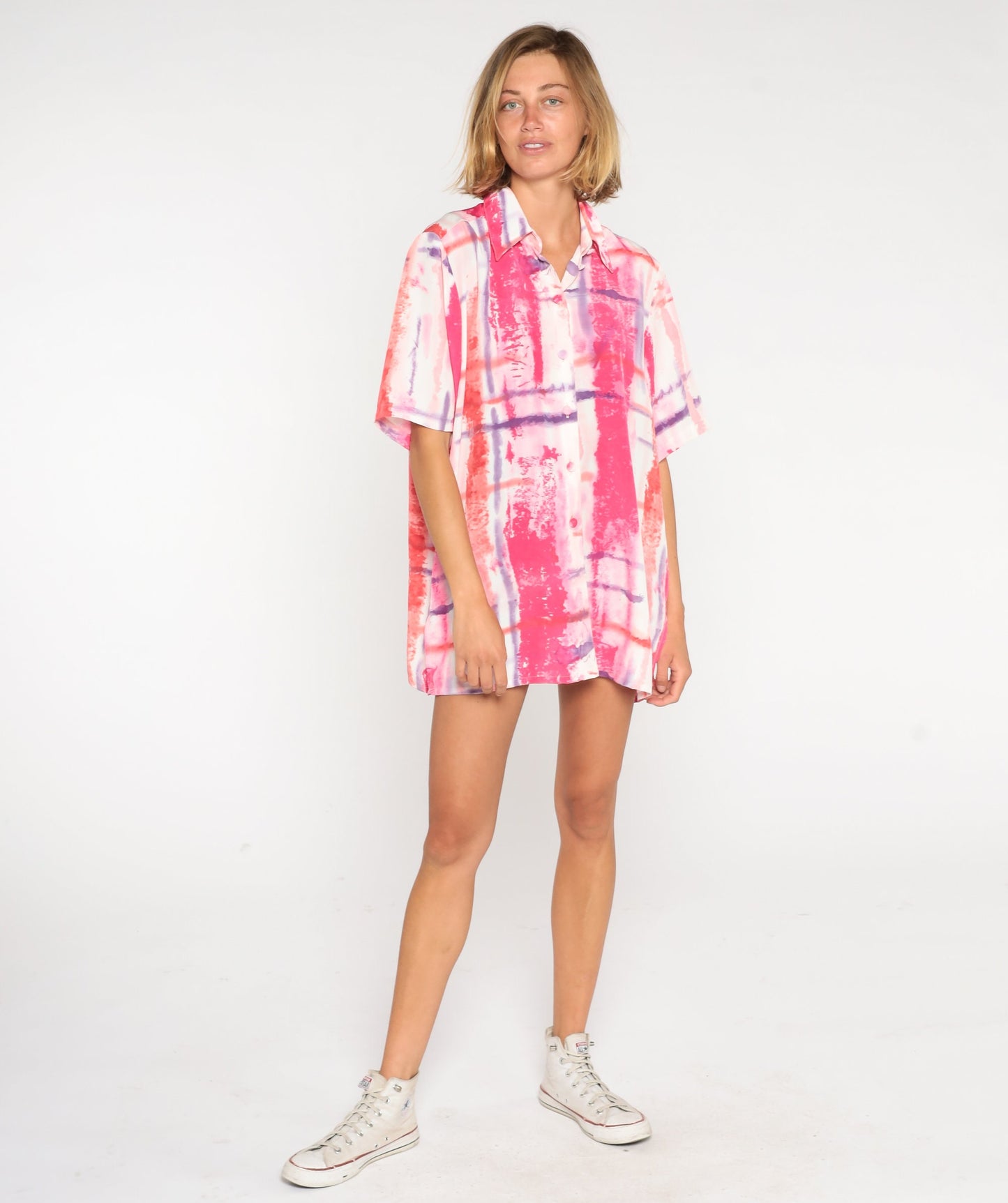 90s Abstract Brushstroke Button-Up Blouse Pink Purple Red Extra Large