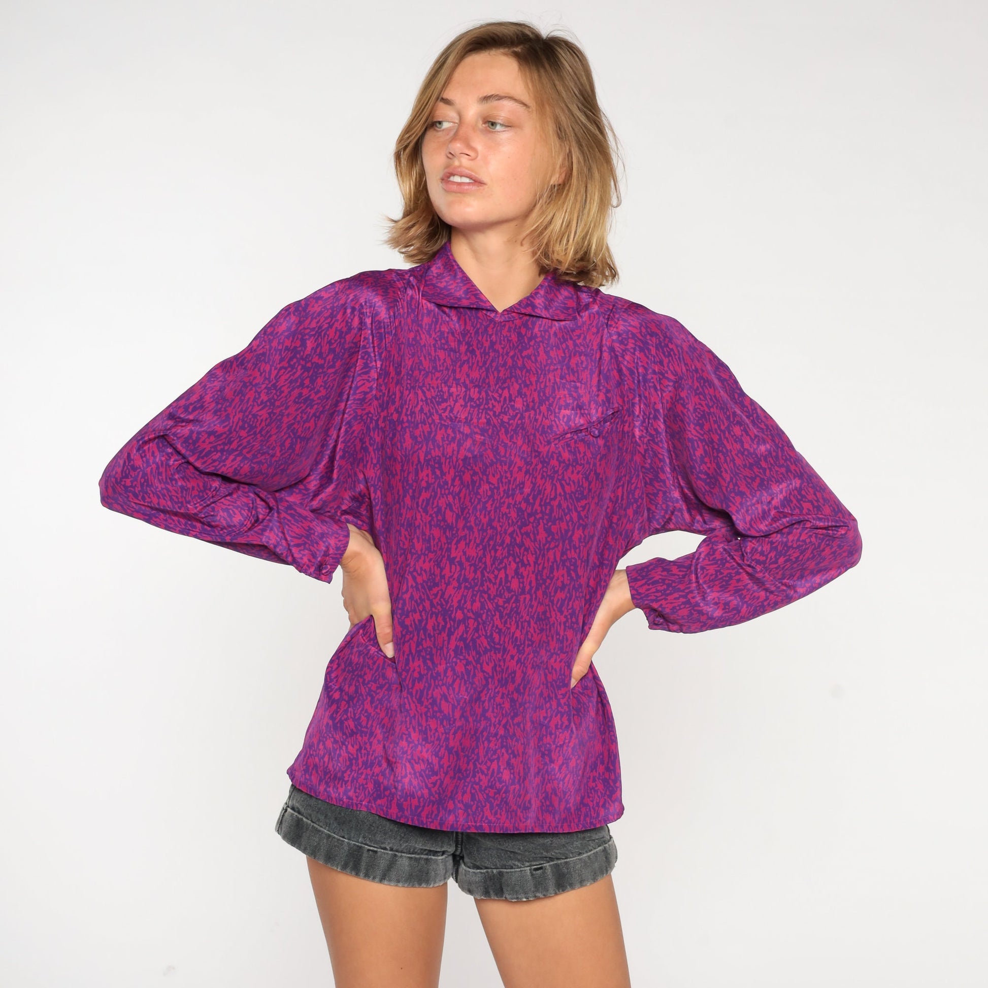 80s Purple Abstract Print Collared Blouse Long Sleeve Small