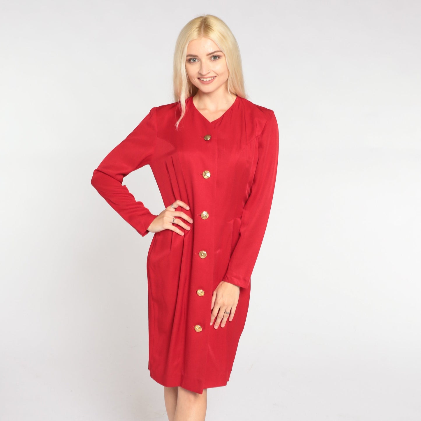 80s Red Button-Up Mini Dress Long Sleeve Pencil Cut Small S