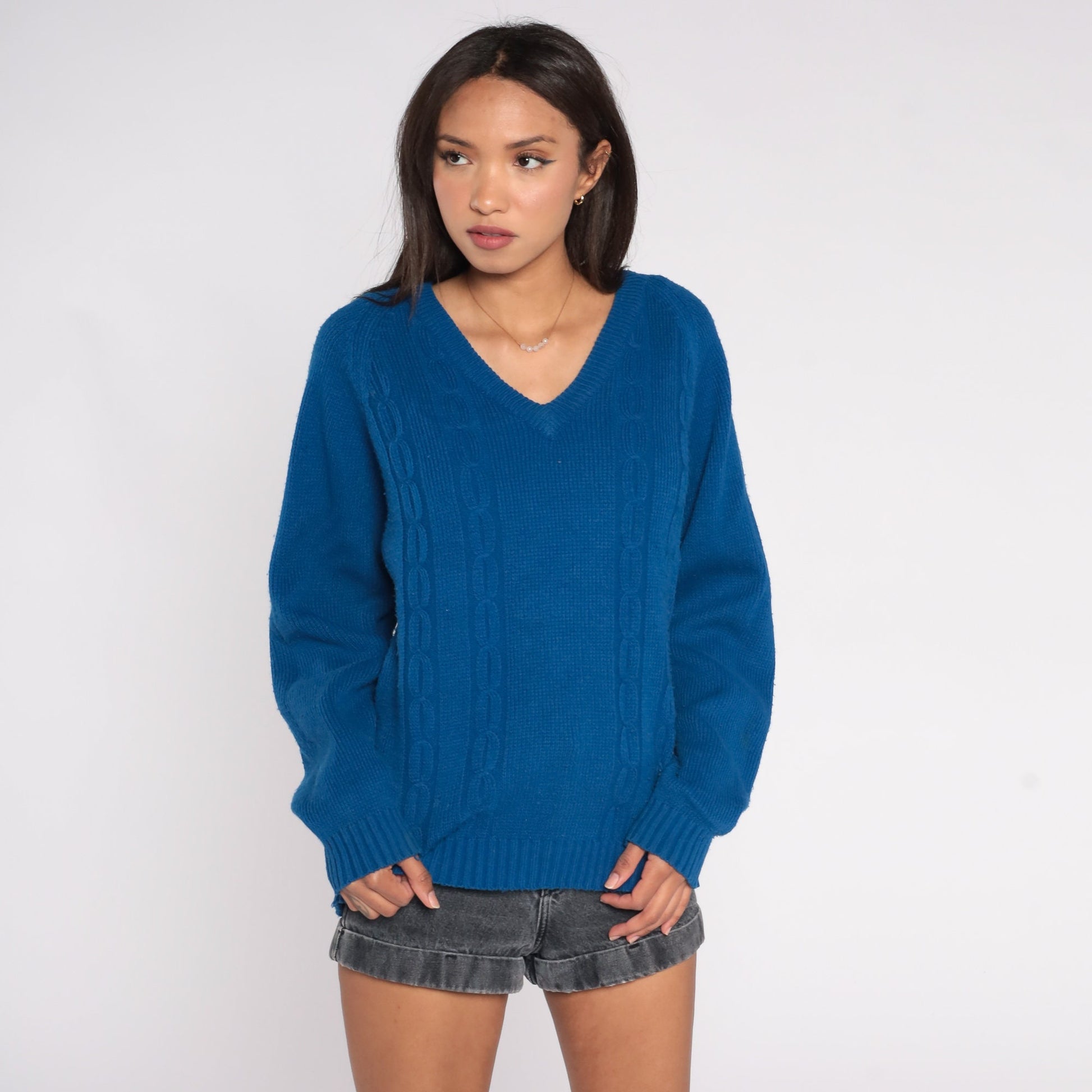 70s Blue Cable Knit V-Neck Sweater Pullover Extra Large XL
