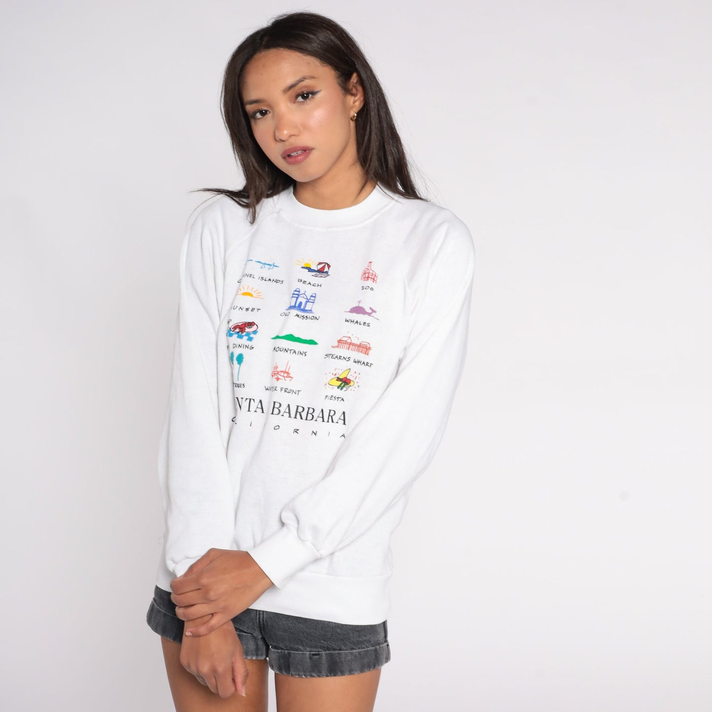 90s Santa Barbara California Raglan Sweatshirt White Graphic Pullover Extra Large XXL