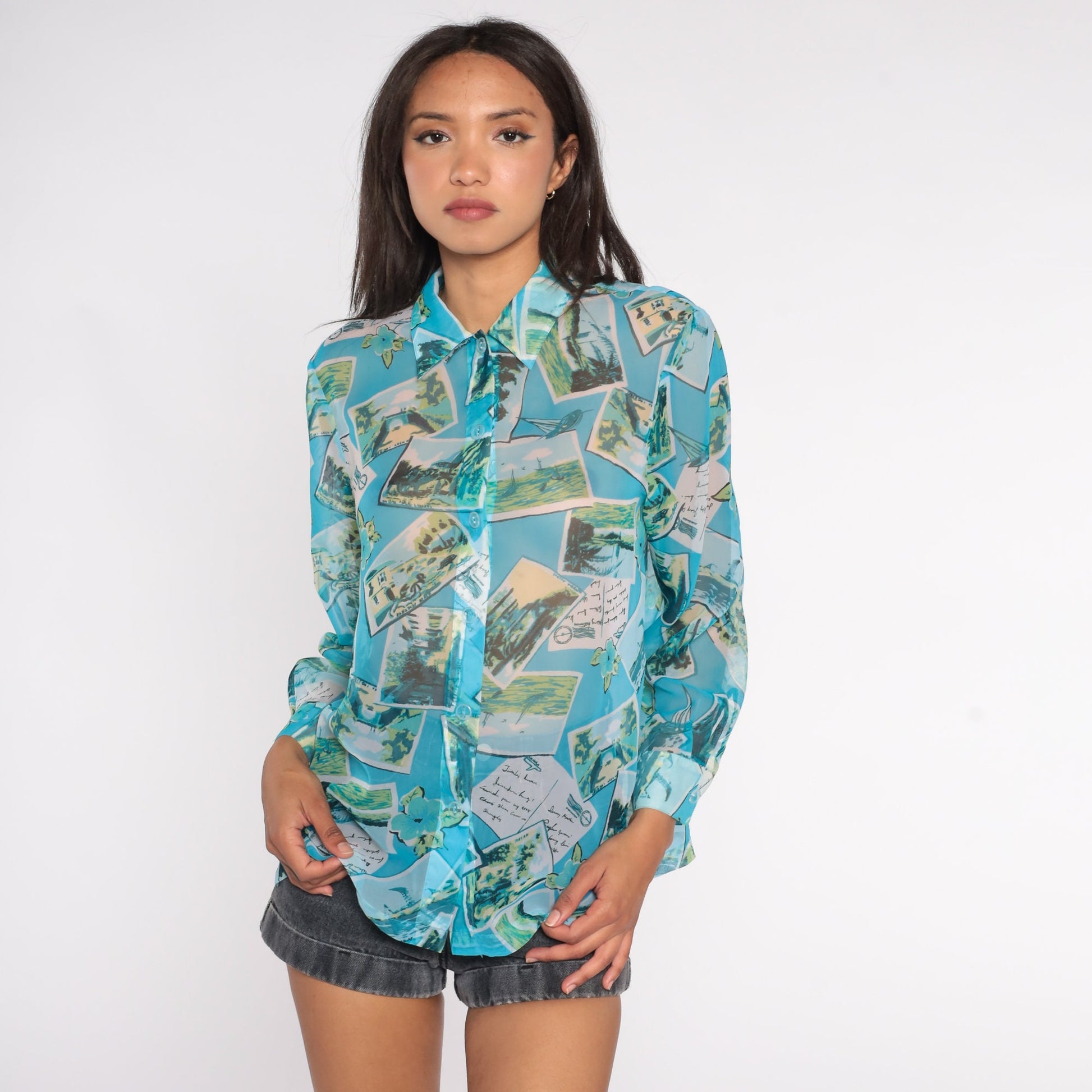 90s Travel Postcard Print Sheer Blue Button-Up Blouse Long Sleeve Medium M