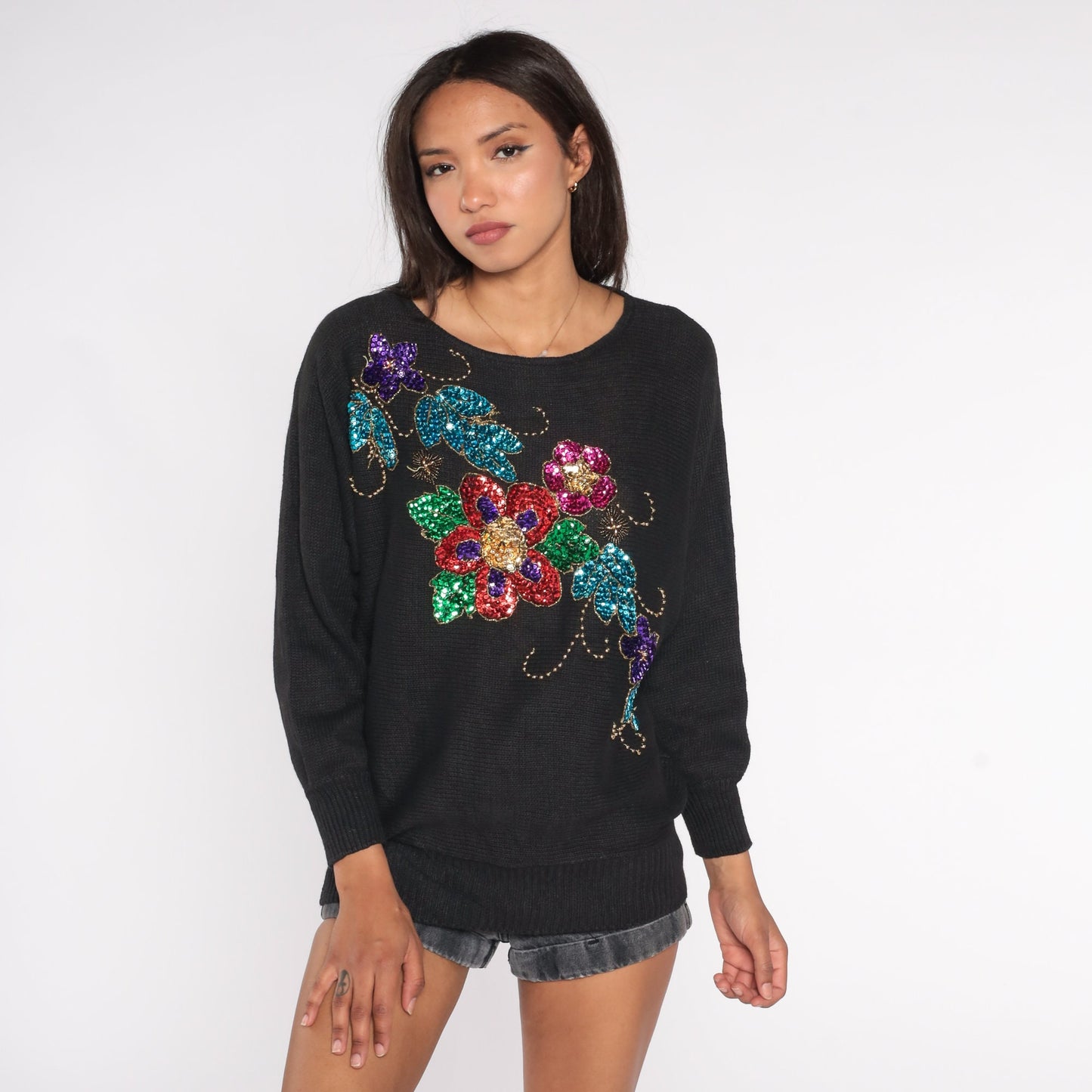 90s Black Sequin Floral Knit Sweater Dolman Sleeve Cotton Ramie Large L