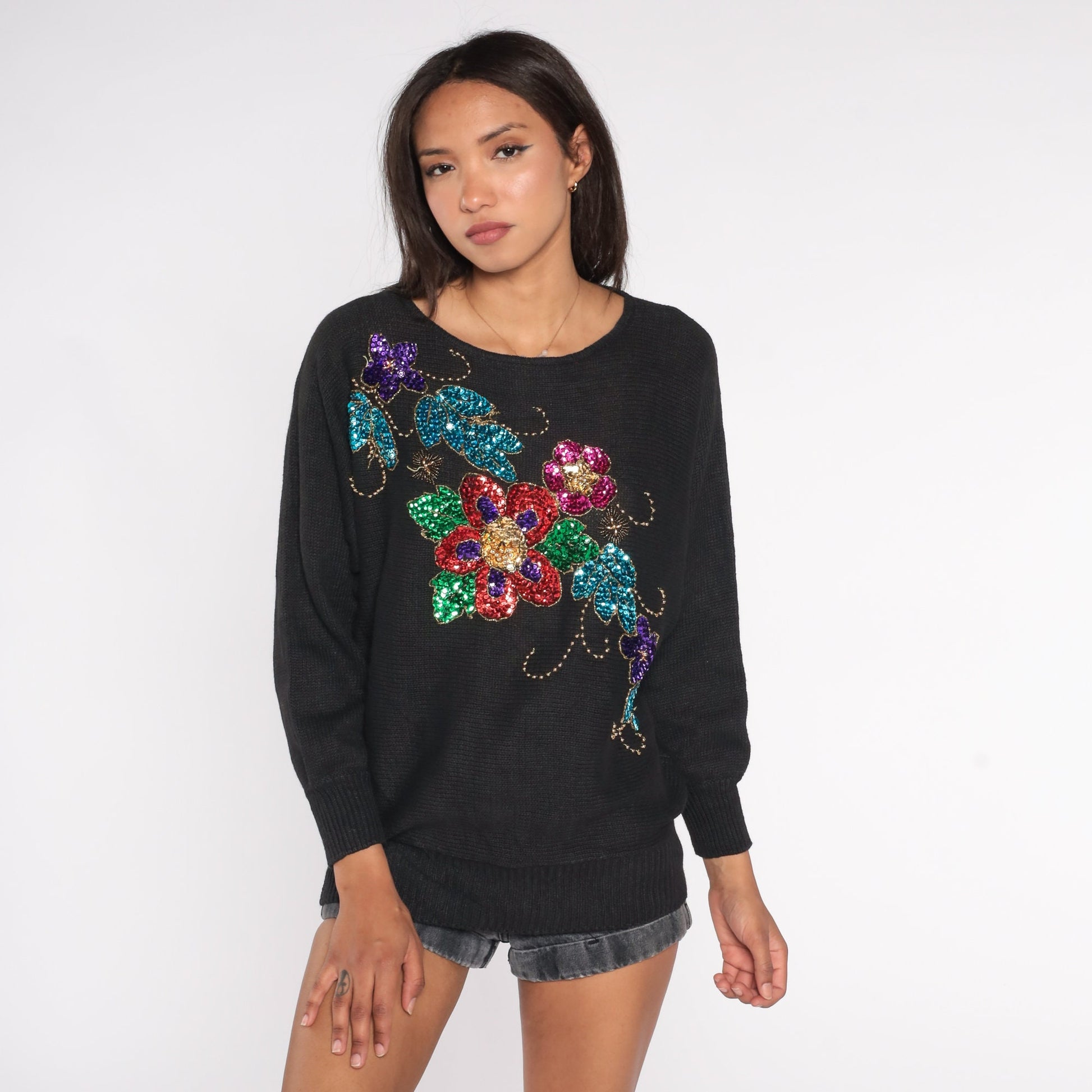 90s Black Sequin Floral Knit Sweater Dolman Sleeve Cotton Ramie Large L