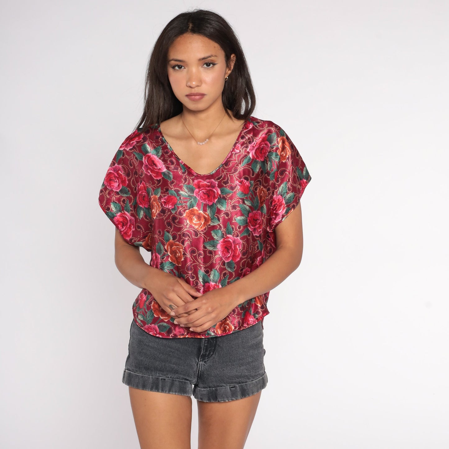 90s Red Floral Shiny Blouse Short Sleeve Scoop Neck Small