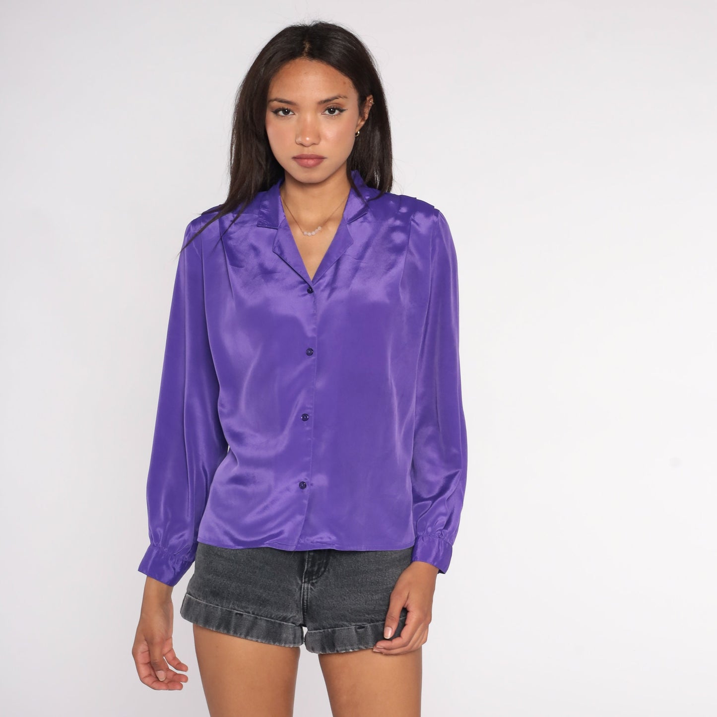 90s Purple Pleated Collar Blouse Long Sleeve Button Up Medium Petite
