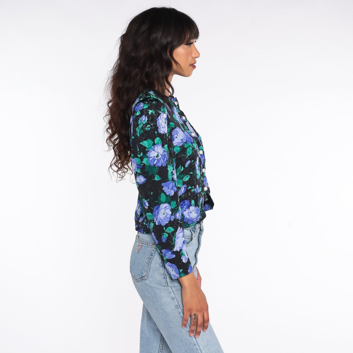 80s Floral Crop Top Puff Sleeve Button Up Blouse Black Extra Small
