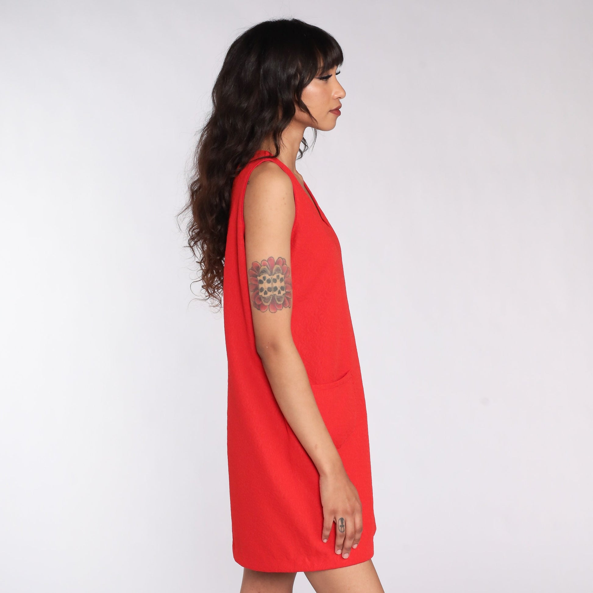60s Mod Mini Shift Dress Red Sleeveless V-Neck Medium