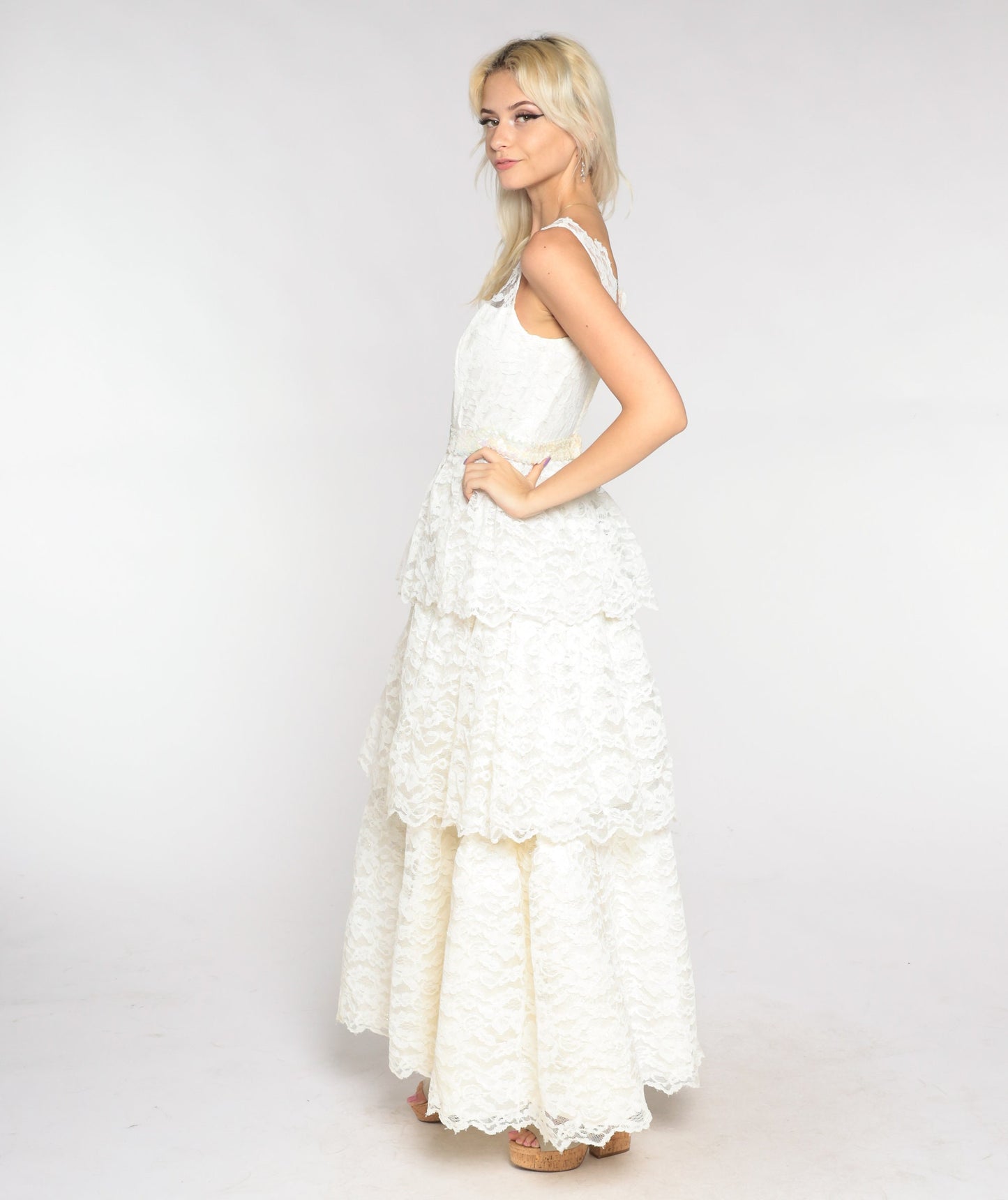 60s White Lace Wedding Dress Maxi Sweetheart Neckline Sequin Waist Extra Small