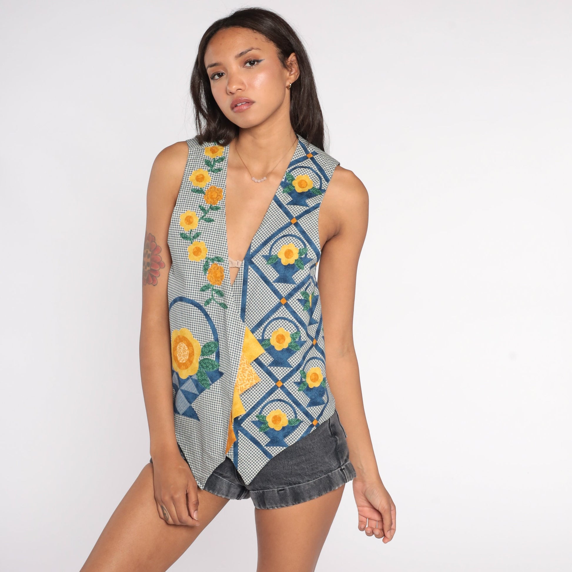 90s Gingham Floral Patchwork Quilted Vest Open Front Blue White Small