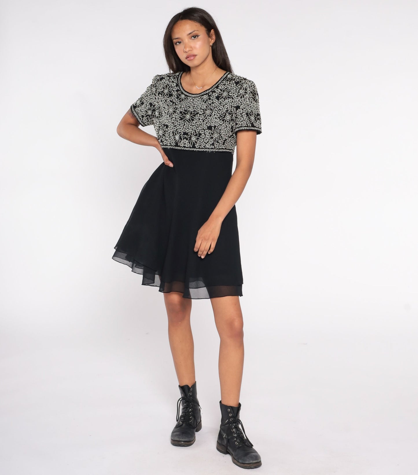 Y2K Black Floral Beaded Empire Waist Mini Dress Chiffon Short Sleeve Large L