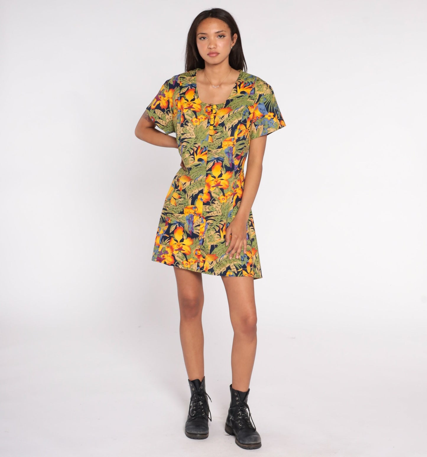 90s Tropical Bird Parrot Leaf Print Mini Dress Button-Up Short Sleeve Large L