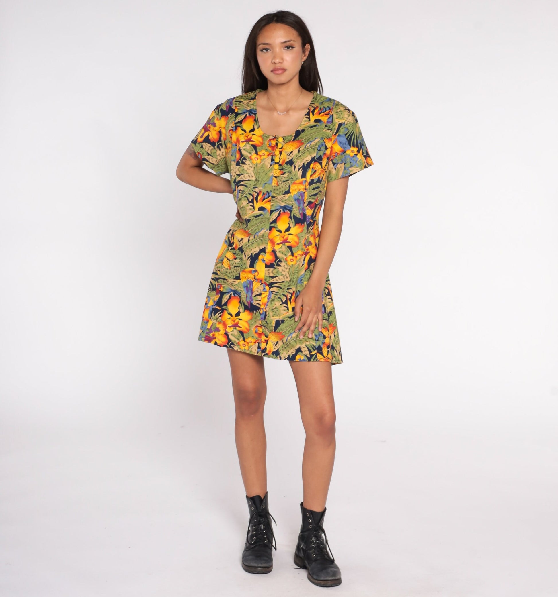 90s Tropical Bird Parrot Leaf Print Mini Dress Button-Up Short Sleeve Large L