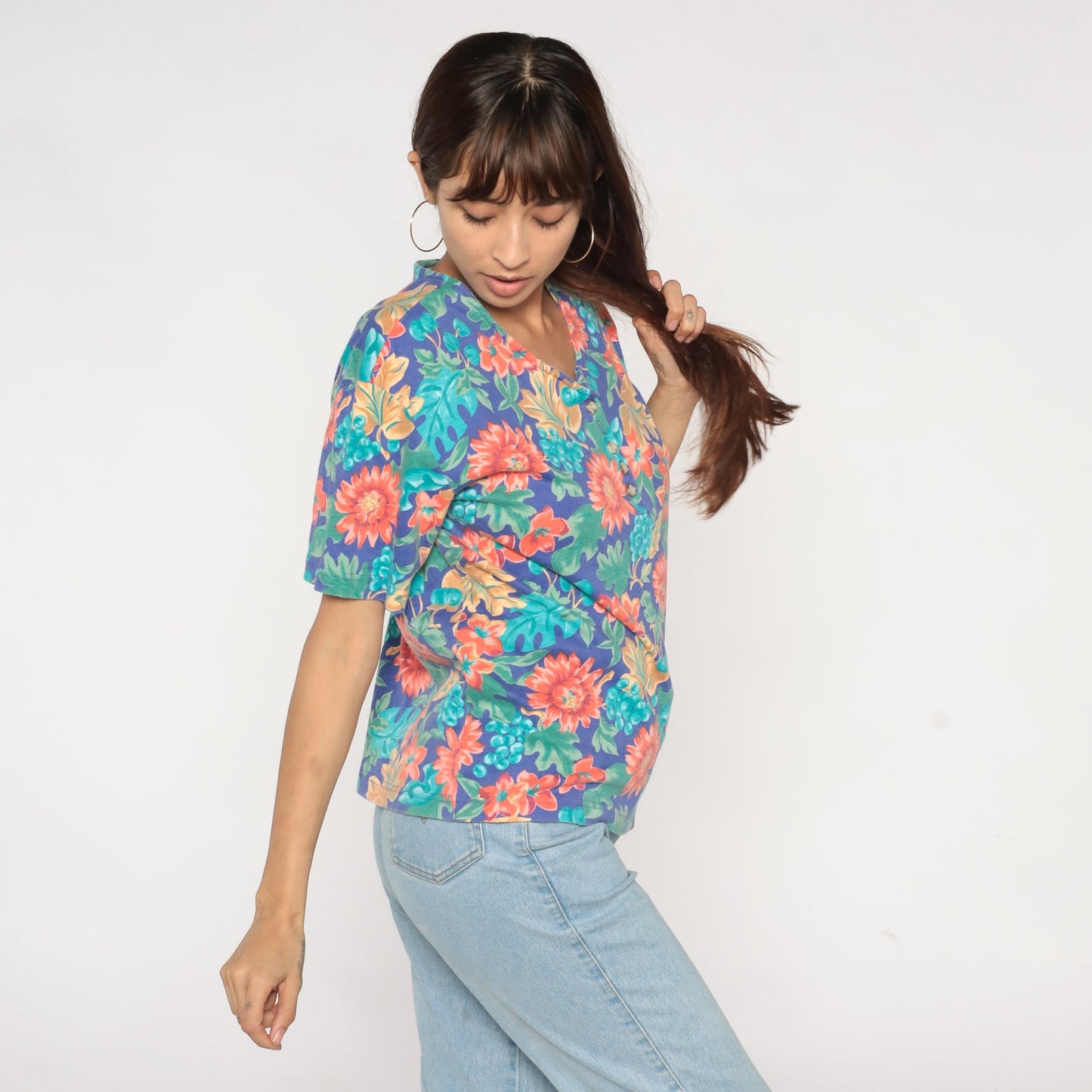 90s Floral Fruit Print Henley Shirt Short Sleeve Button Up Large L