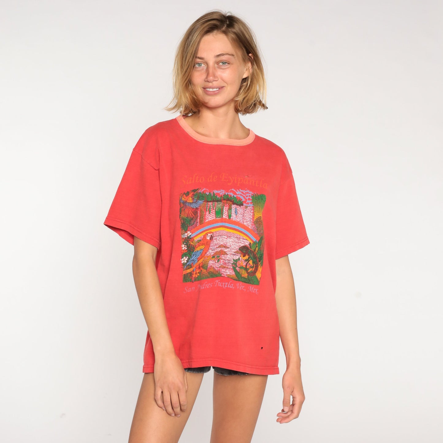 90s Mexico San Andres Tuxtla Waterfall Graphic T-Shirt Red Large