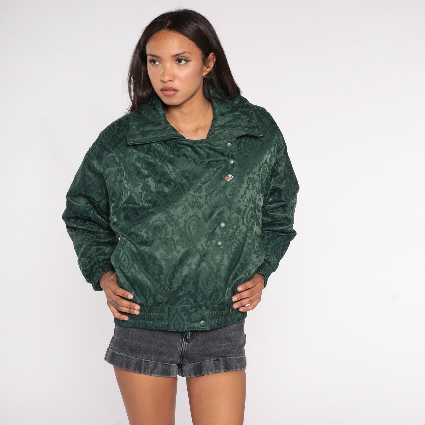 90s Brocade Floral Bomber Jacket Dark Green Embossed Zip Snap Medium