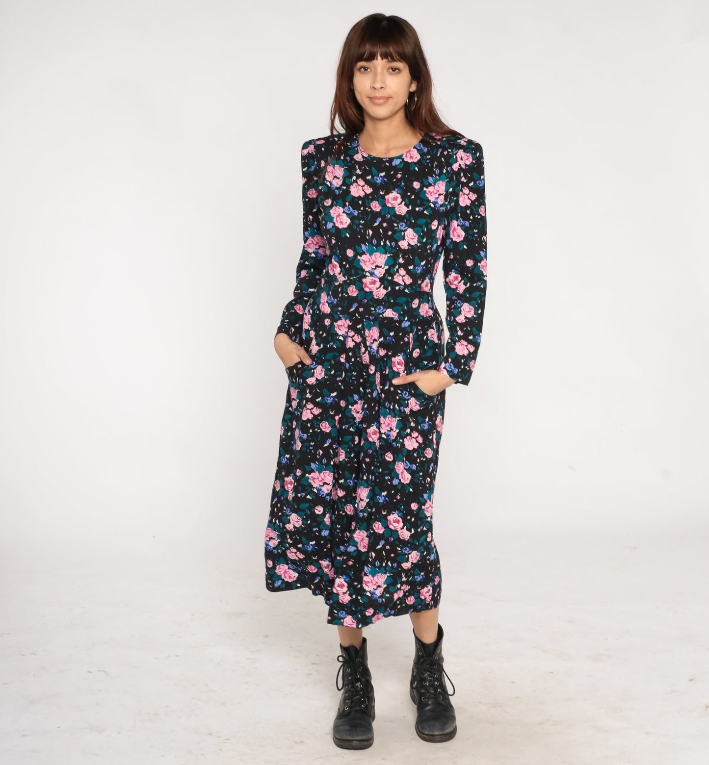 90s Black Floral Midi Dress Power Shoulders Pockets Long Sleeve Medium 10