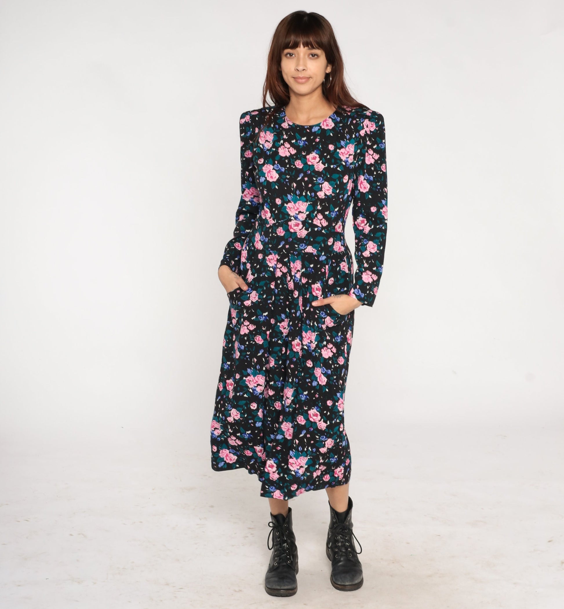 90s Black Floral Midi Dress Power Shoulders Pockets Long Sleeve Medium 10