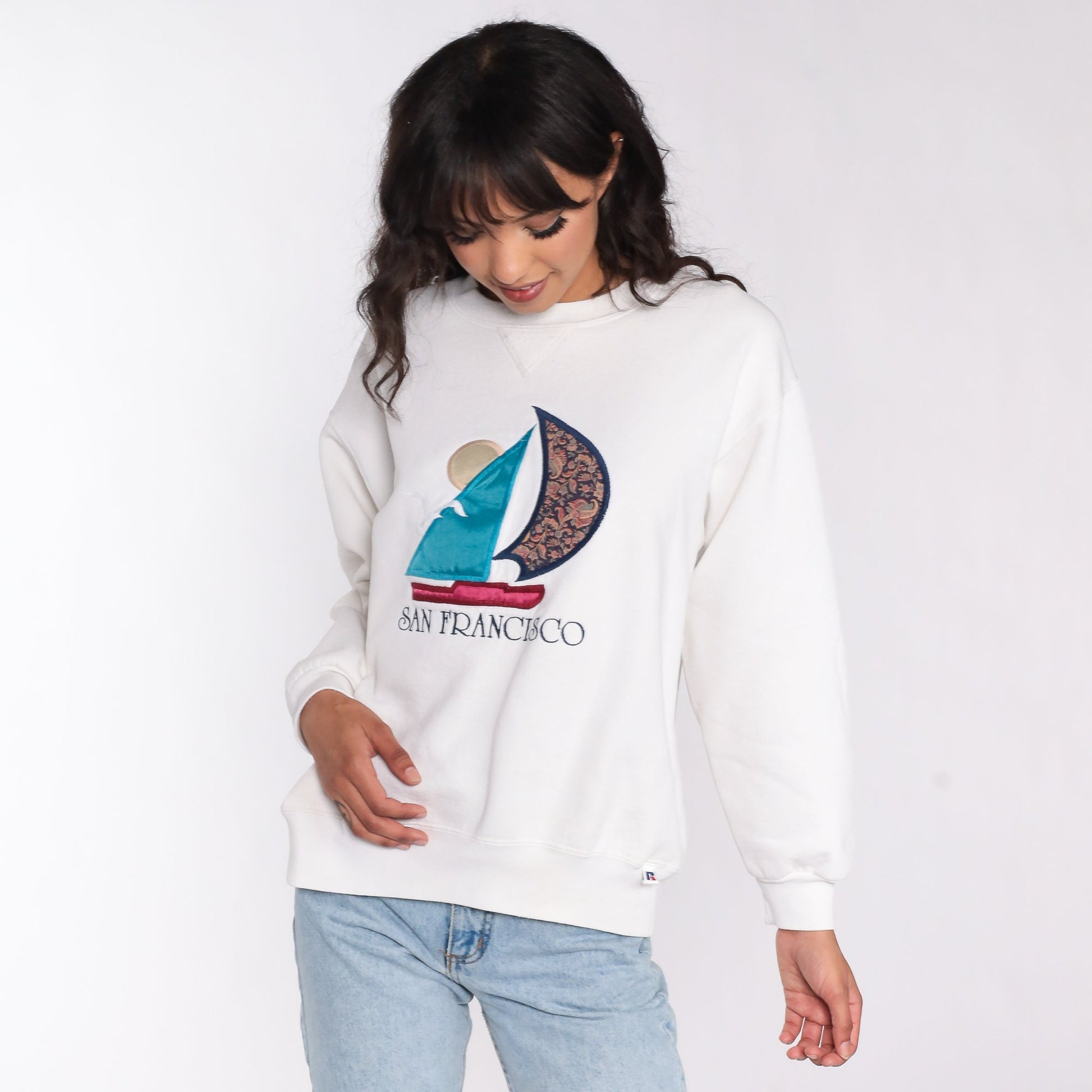 90s San Francisco Sailboat Sweatshirt White Nautical Graphic Crewneck Large L
