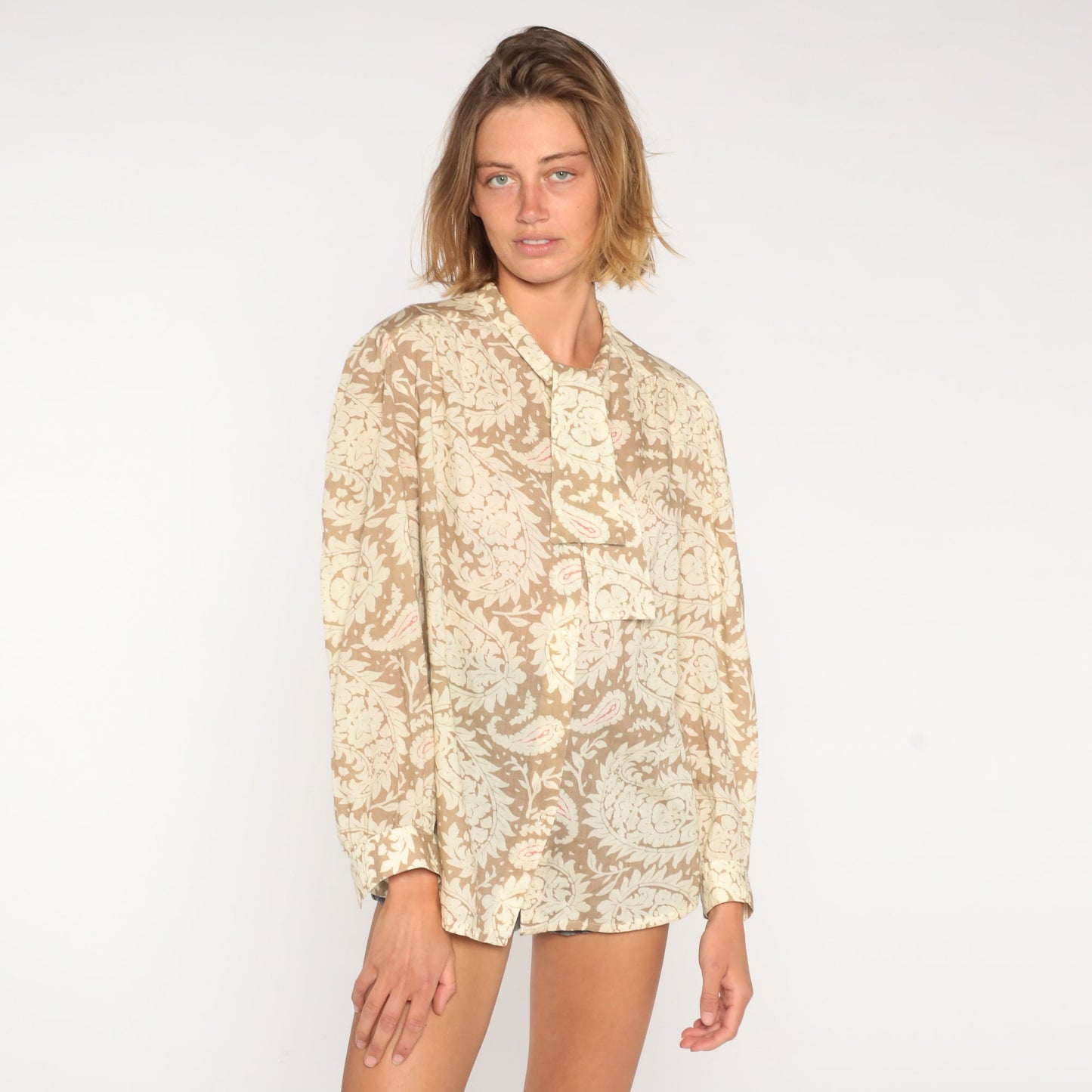 80s Paisley Necktie Blouse Tan Semi-Sheer Button-Up Long Sleeve Large L